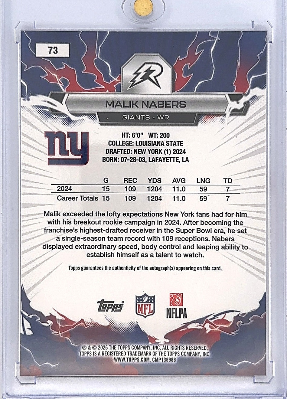 Malik Nabers #73 Autograph Issue — back