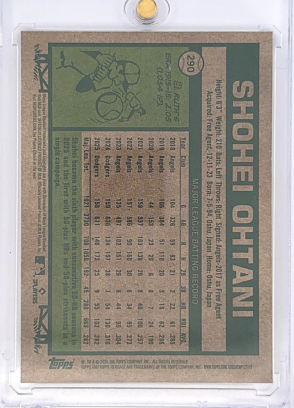 Shohei Ohtani Topps Heritage 290 — back