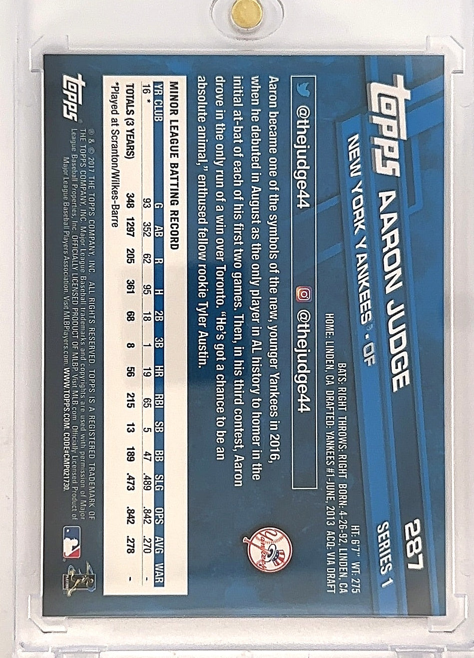 2017 Topps Aaron Judge #287 — back