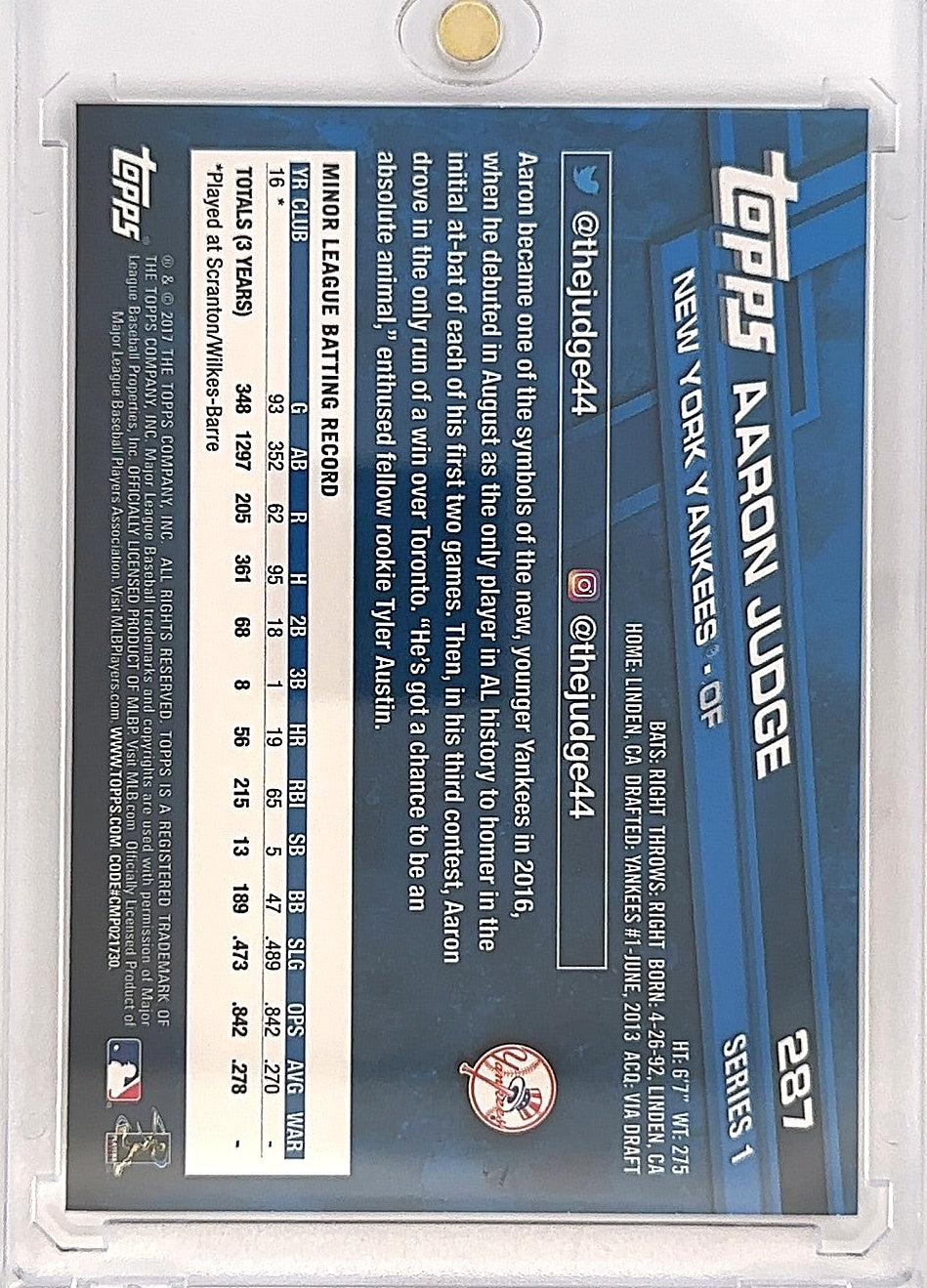 2017 Topps Aaron Judge #287 — back