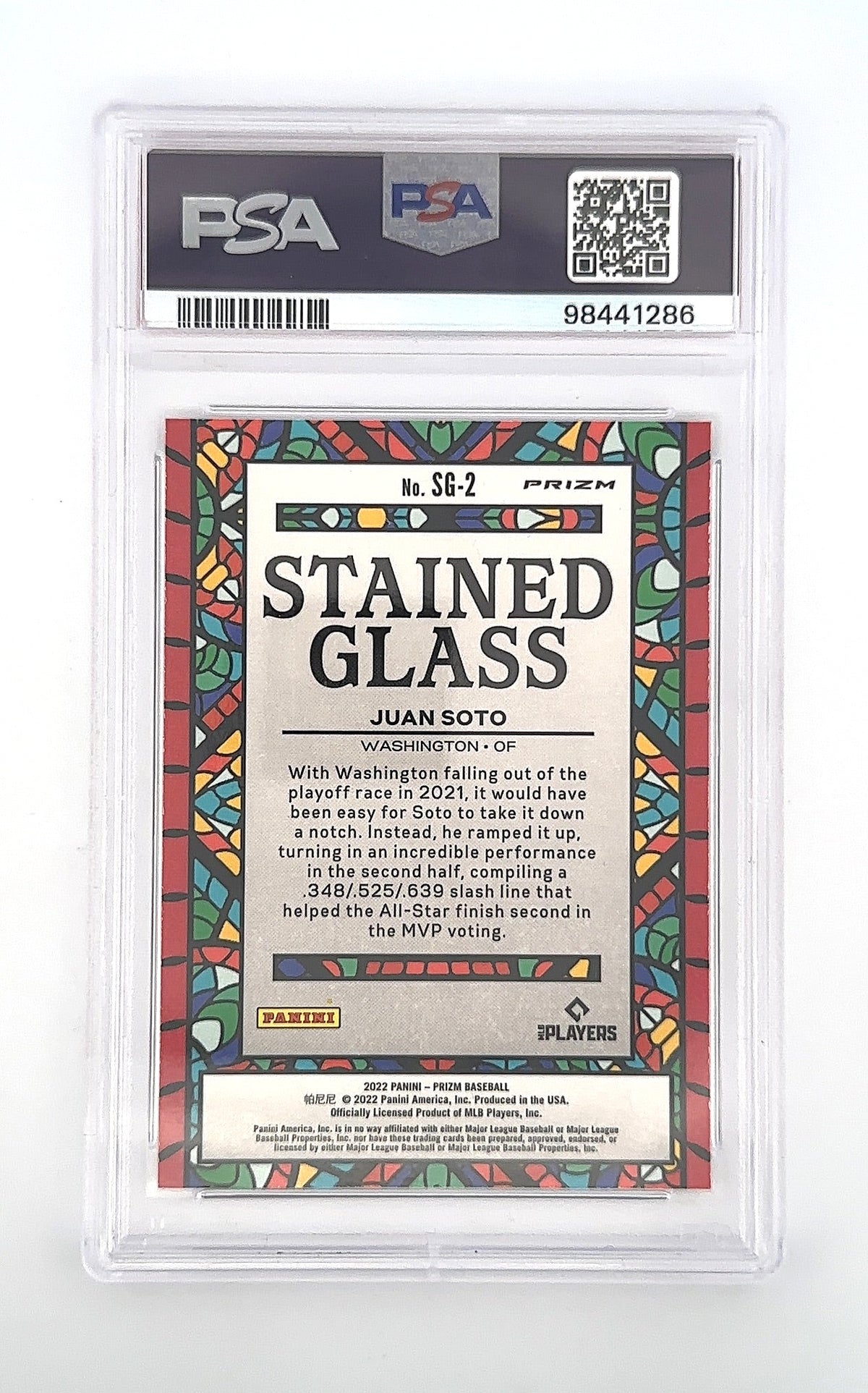 2022 Prizm Juan Soto Stained Glass-R/W/B Prizm #SG2 PSA NM-MT 8 — back