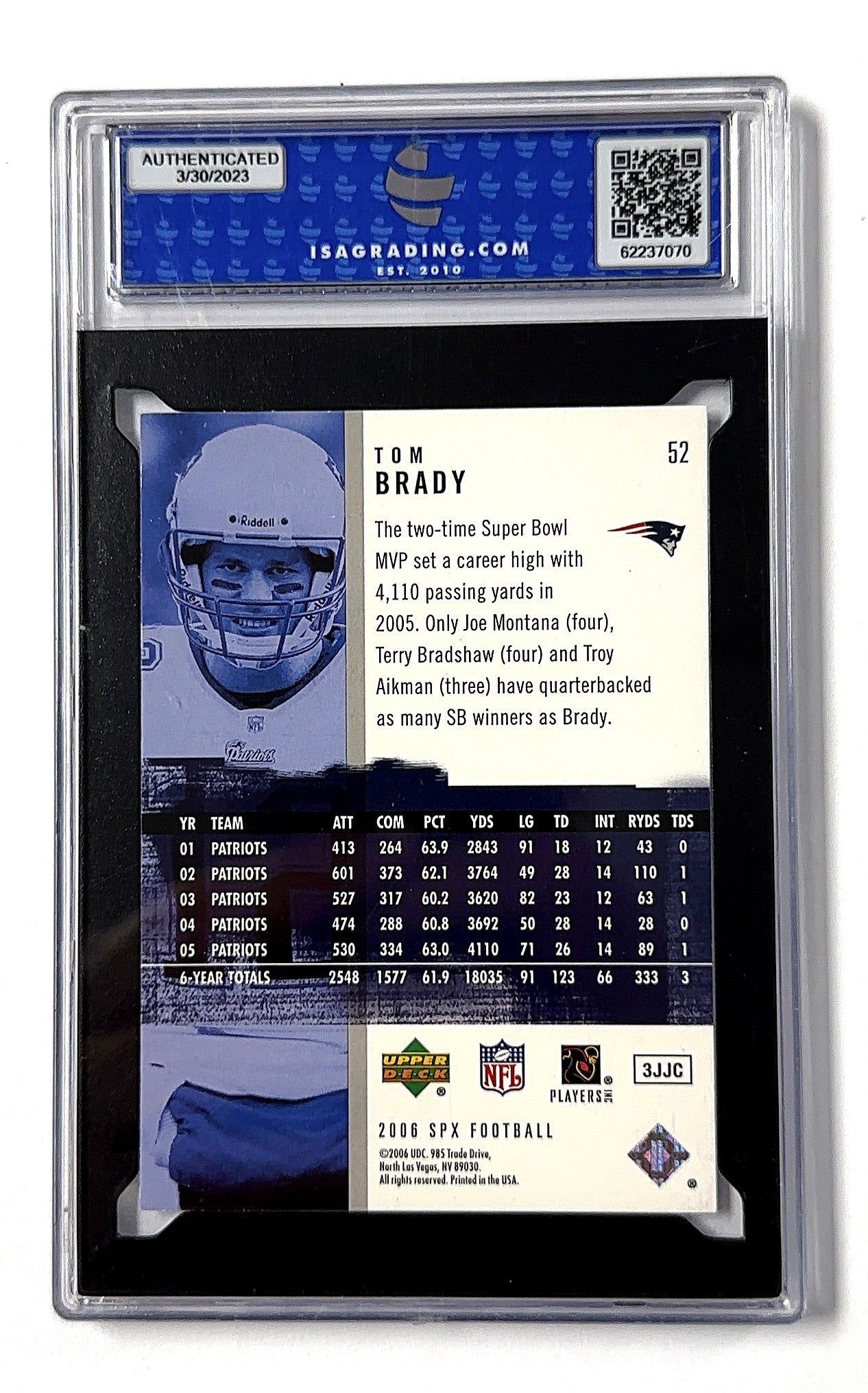 2006 Spx Tom Brady #52 ISA 9 — back