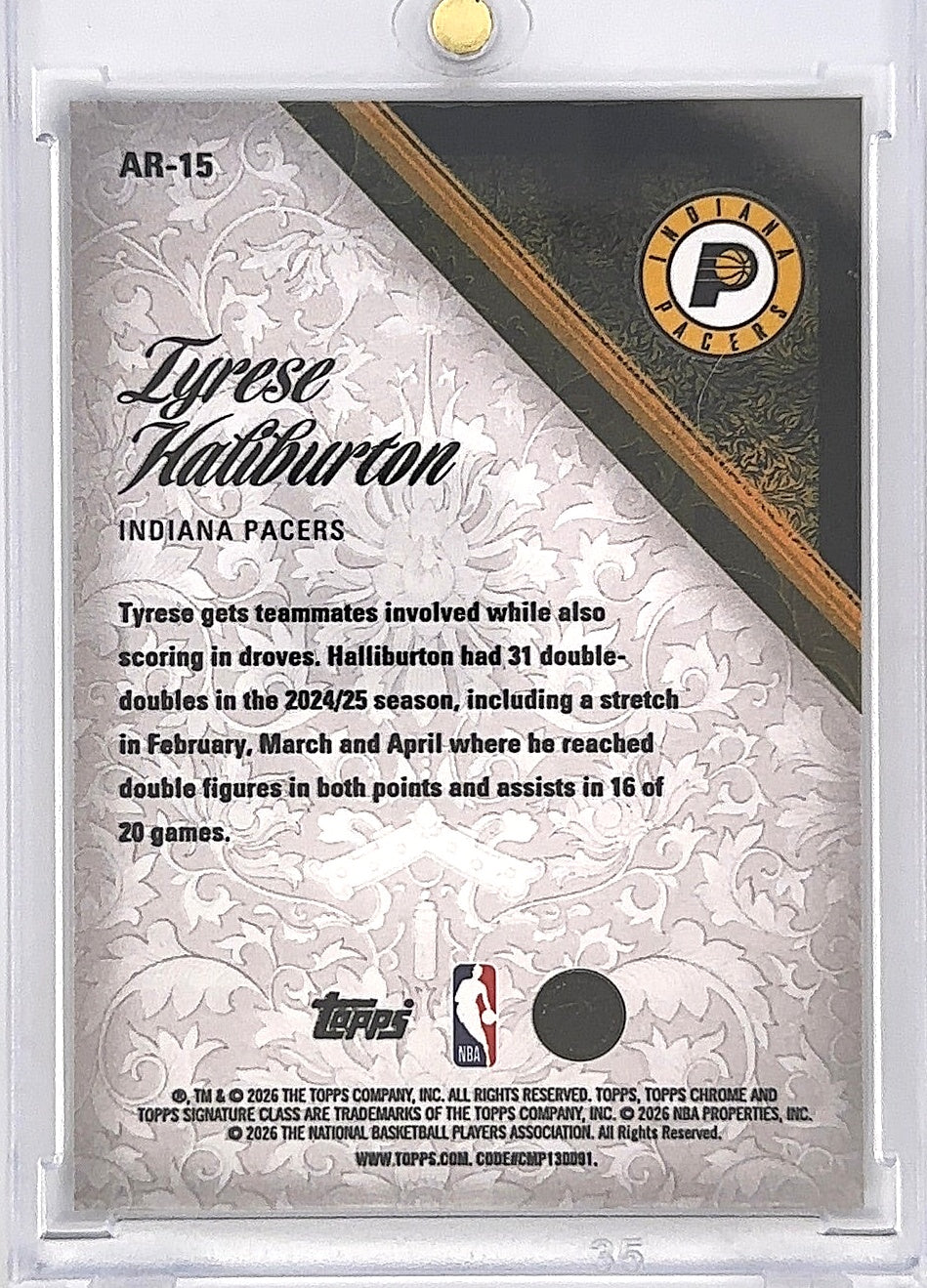 2025 Topps Signature Class Aristocrats Tyrese Haliburton #AR-15 — back