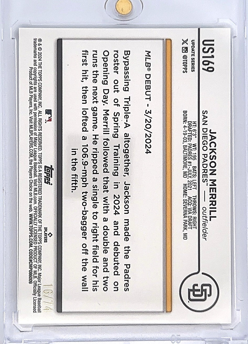 Jackson Merrill Topps #US169 16/74 — back