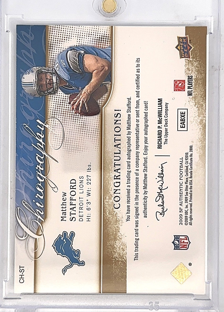2009 SP Authentic Chirography Matthew Stafford #CH-ST — back
