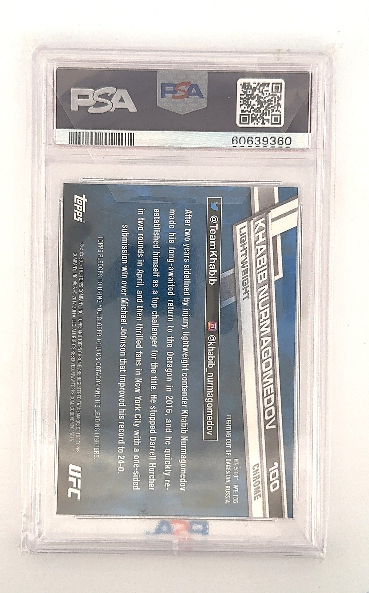 Khabib Nurmagomedov 2017 Topps UFC Chrome PSA GEM MT 10 — back