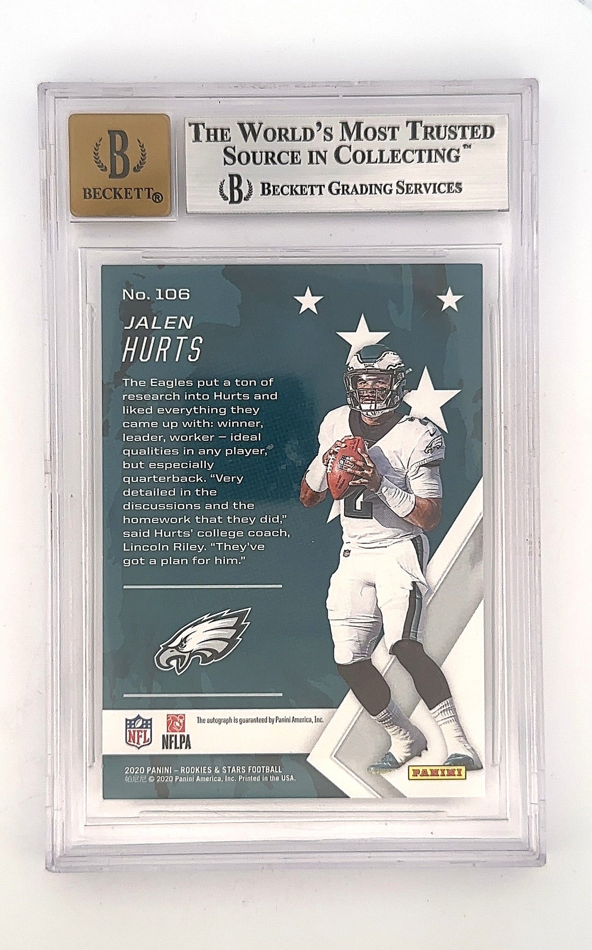 Jalen Hurts Rookies & Stars 2020 Signatures BGS MINT 9 — back