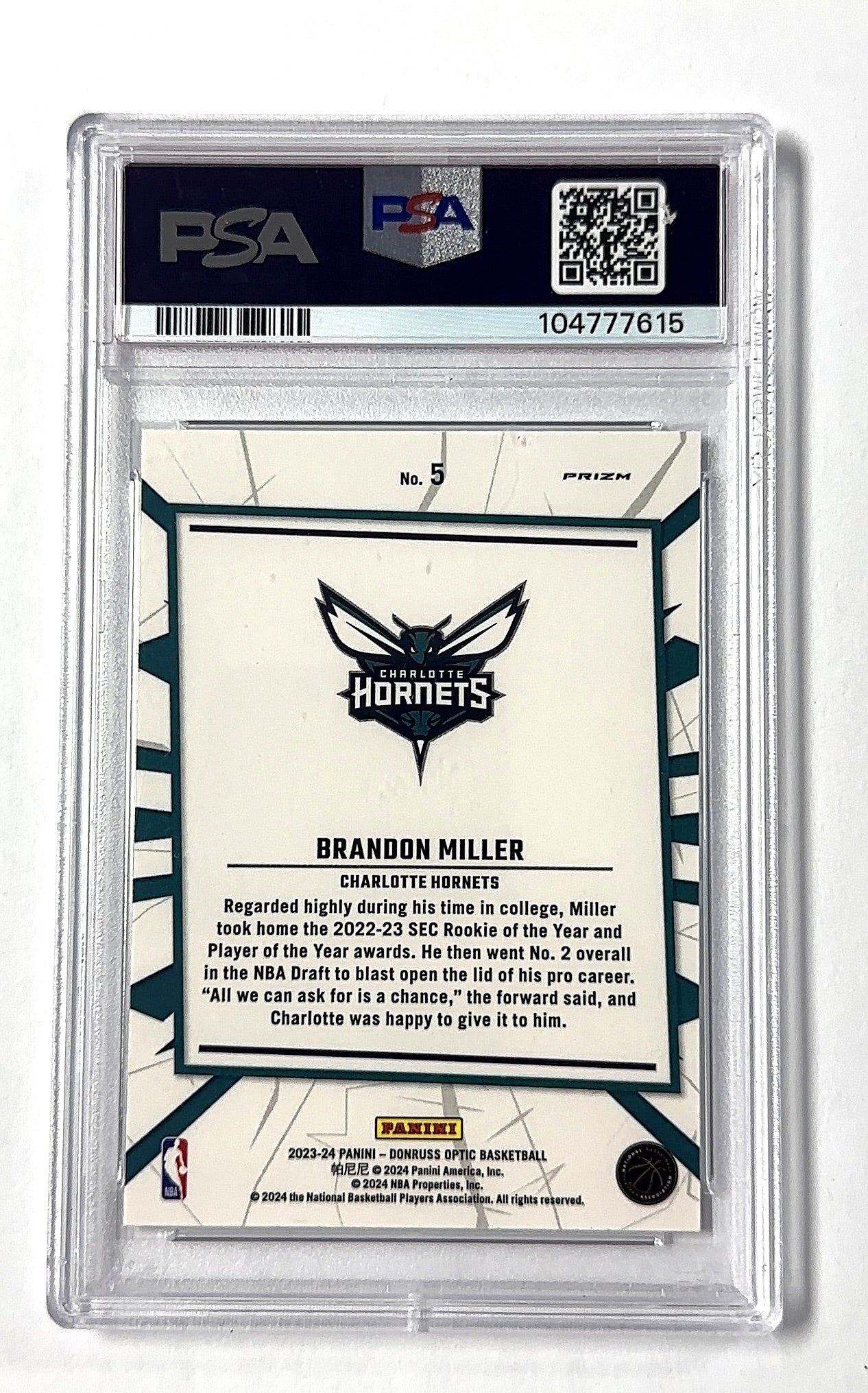 Brandon Miller Donruss Optic PSA GEM MT 10 — back