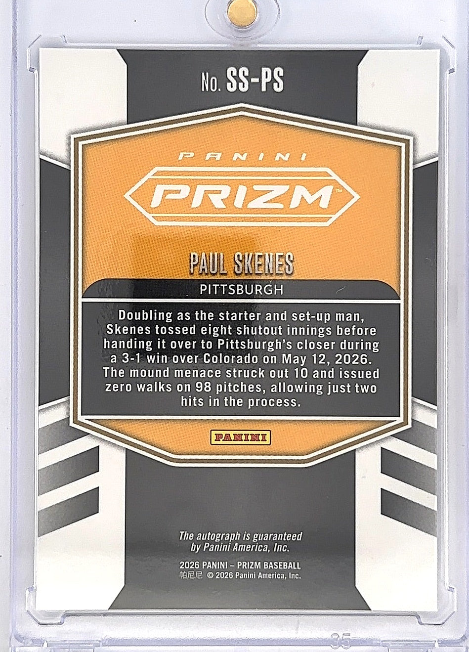 2026 Paul Skenes Panini Prizm Sensational Signatures #SS-PS — back
