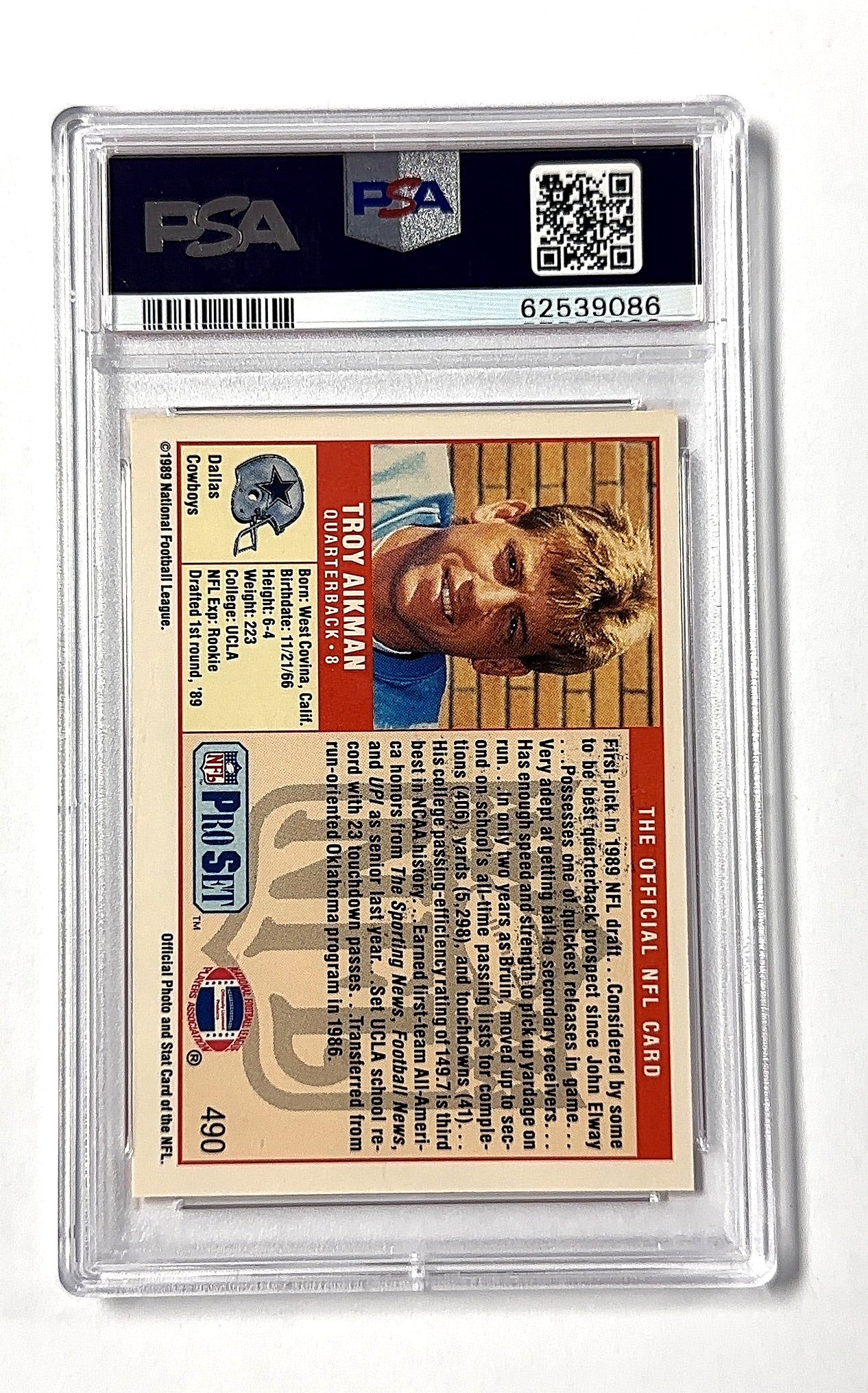 Troy Aikman Pro Set 1989 PSA MINT 9 — back