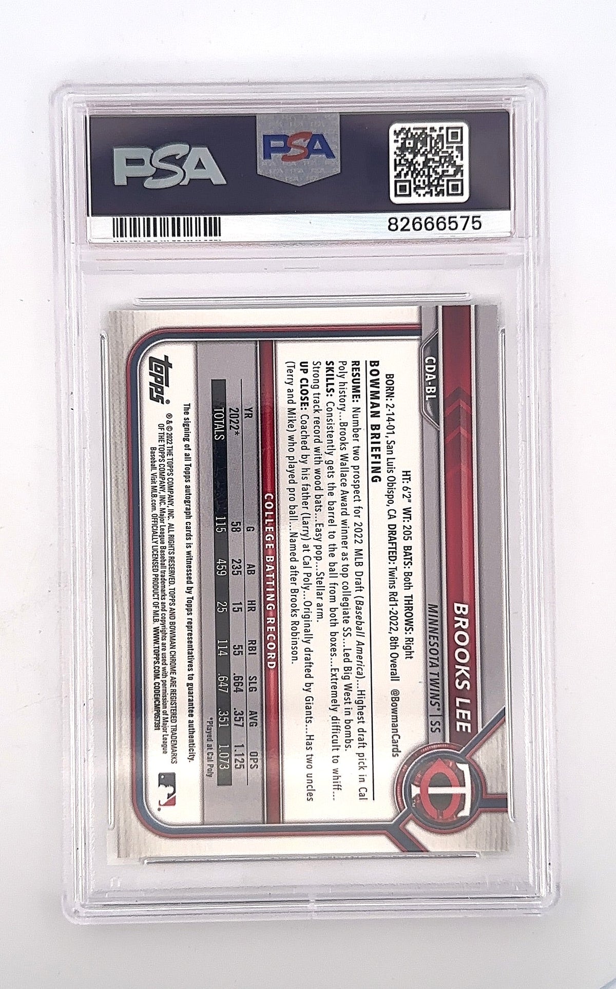 Brooks Lee 2022 Bowman Draft Auto-Gold Wave 32/50 PSA GEM MT 10 — back