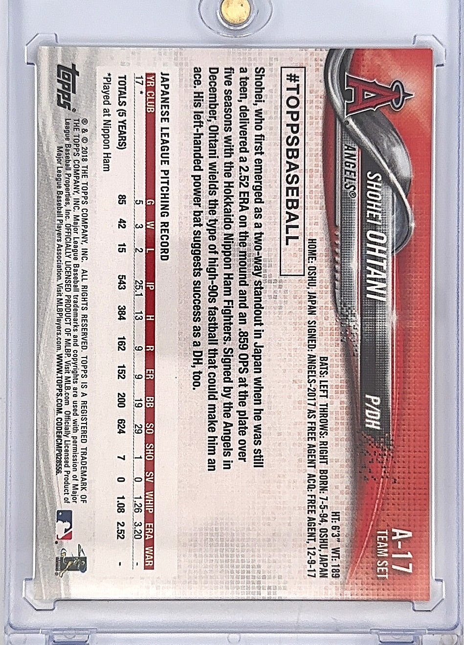 2018 Topps Team Set Los Angeles Angels Shohei Ohtani #A-17 — back