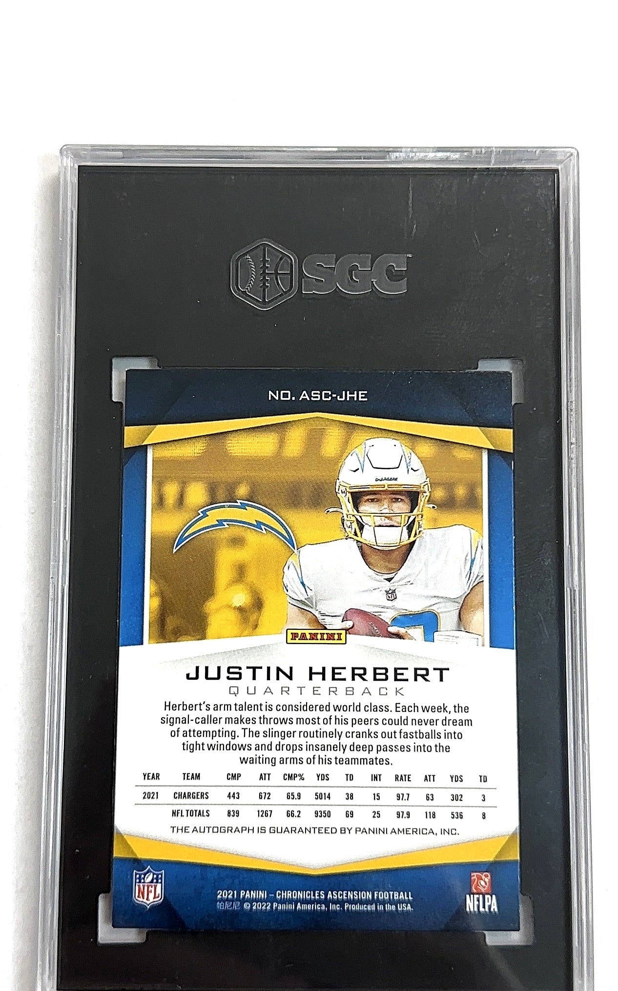 2021 Panini Chronicles Ascension Autographs Justin Herbert #ASC-JHE AUTO SGC 9 — back
