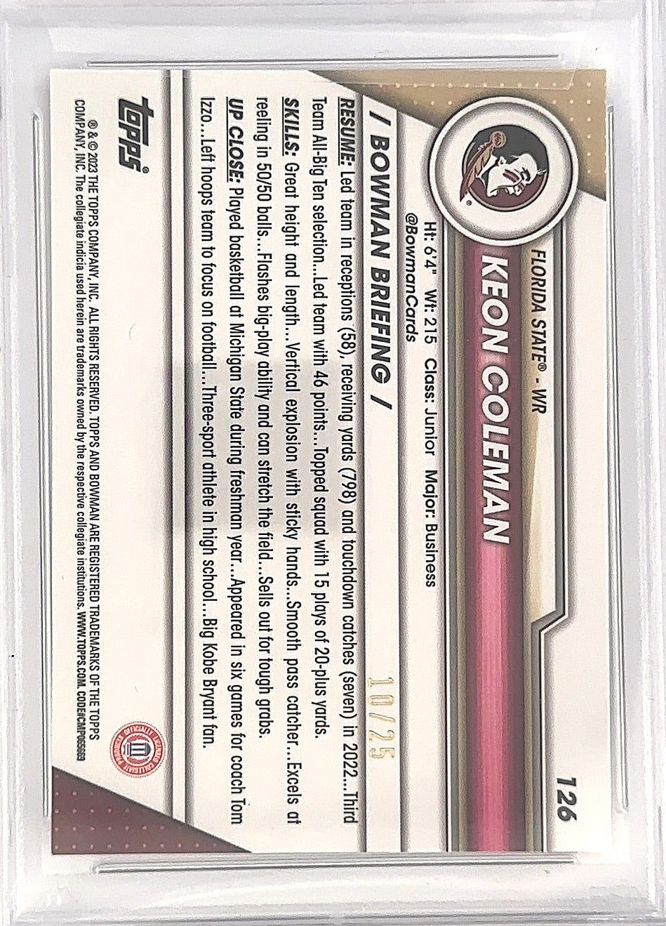Keon Coleman 2023 Bowman U Chrome 10/25 — back