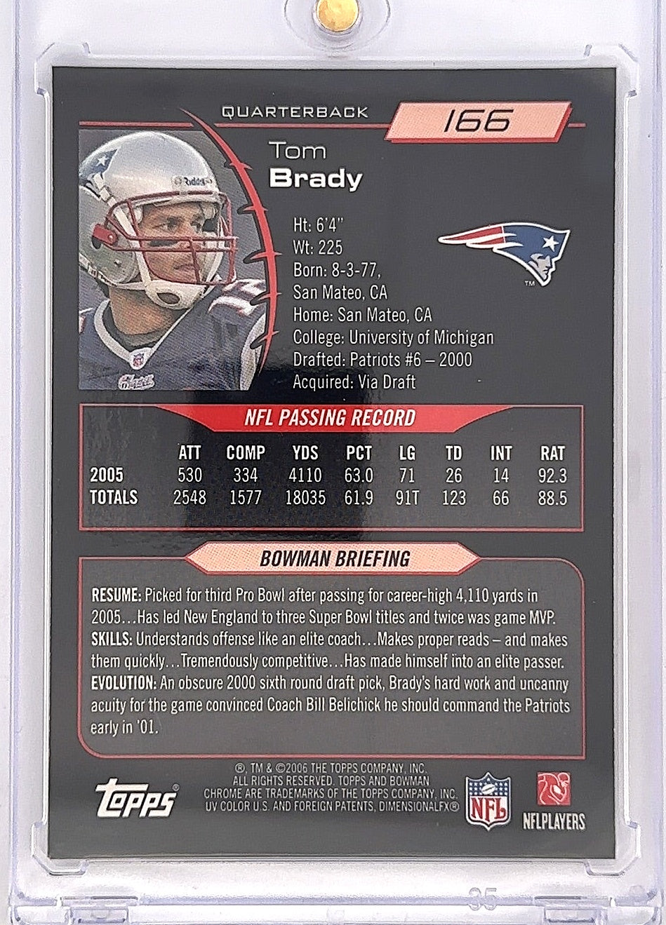 2006 Bowman Chrome Tom Brady #166 — back