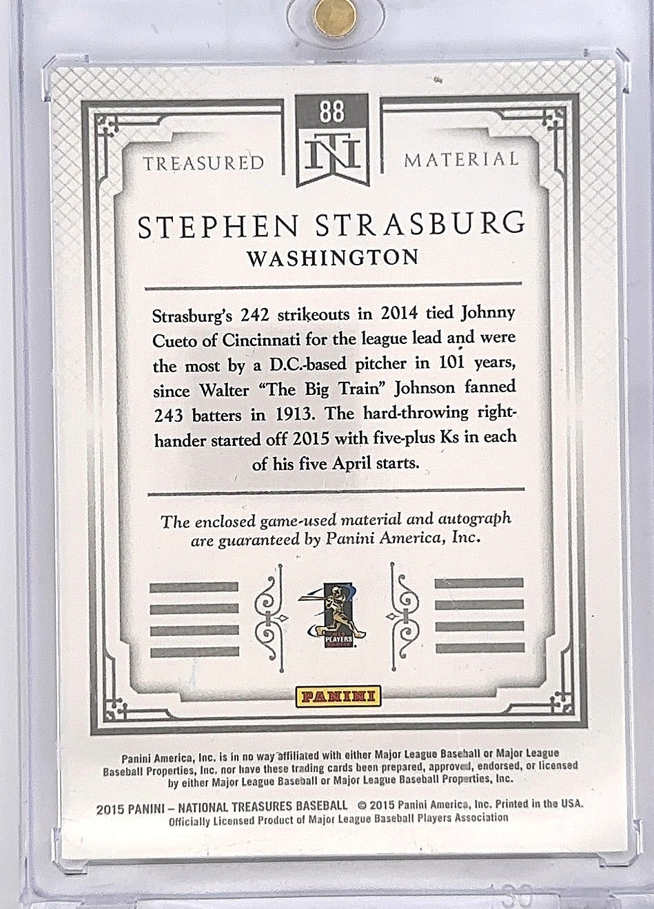 Stephen Strasburg Treasured Material National Treasures 15/25 — back