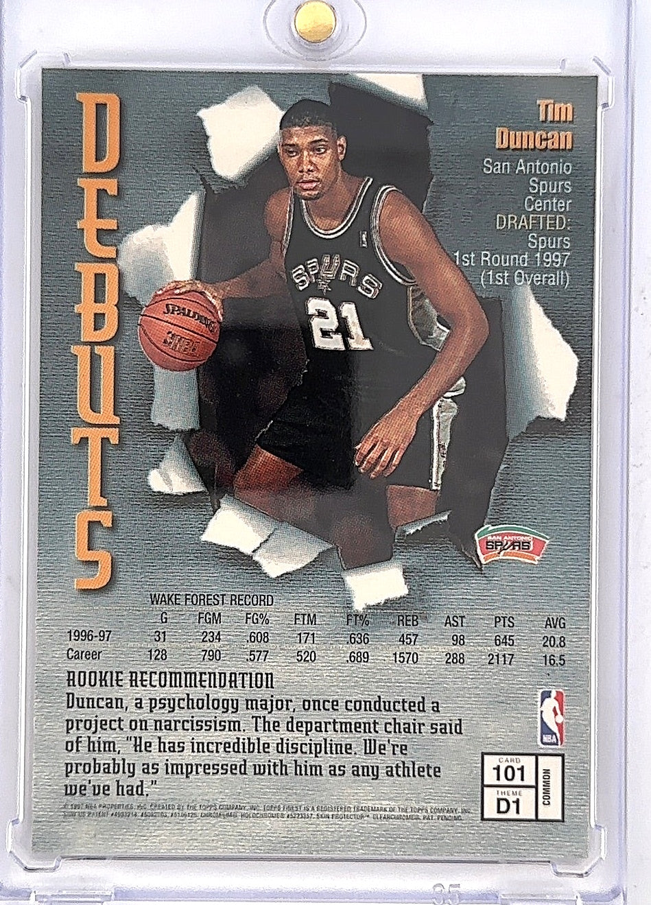 1997 Finest Tim Duncan #101 — back