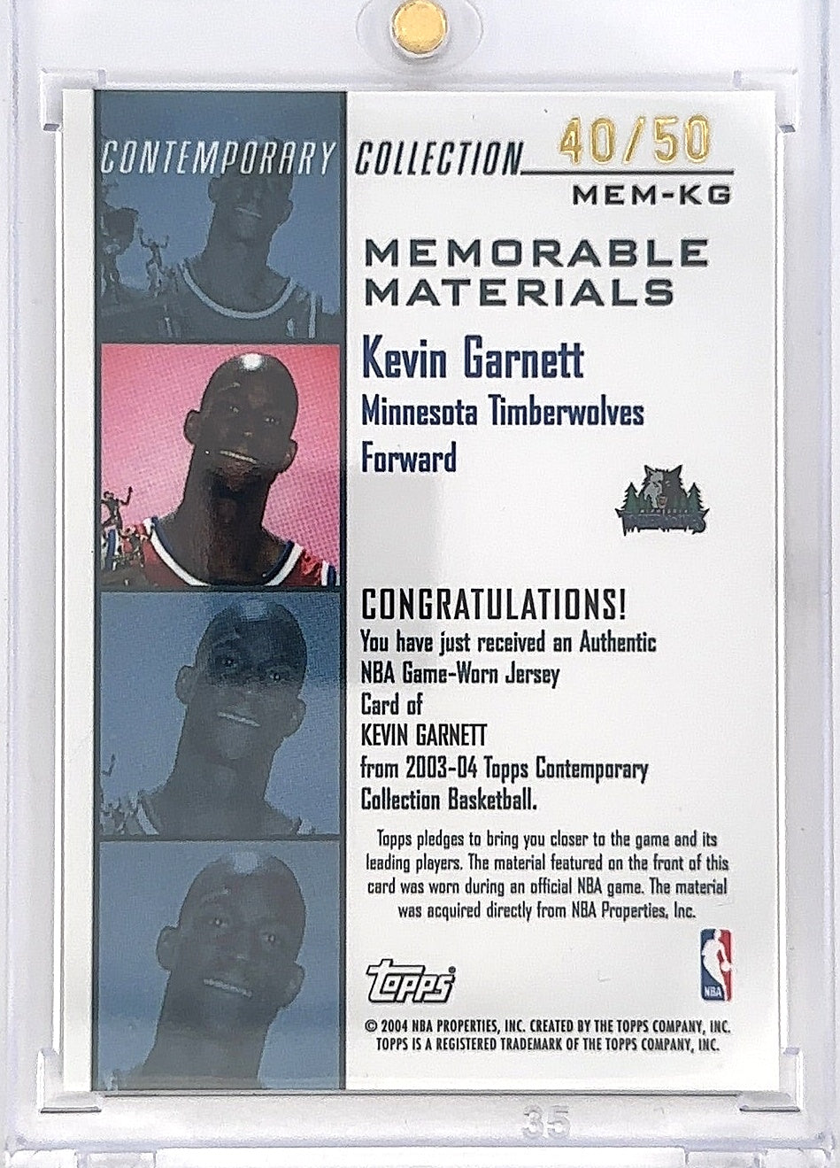 2004 Topps Contemporary Collection Memorable Materials Kevin Garnett #MEM-KG 40/50 — back