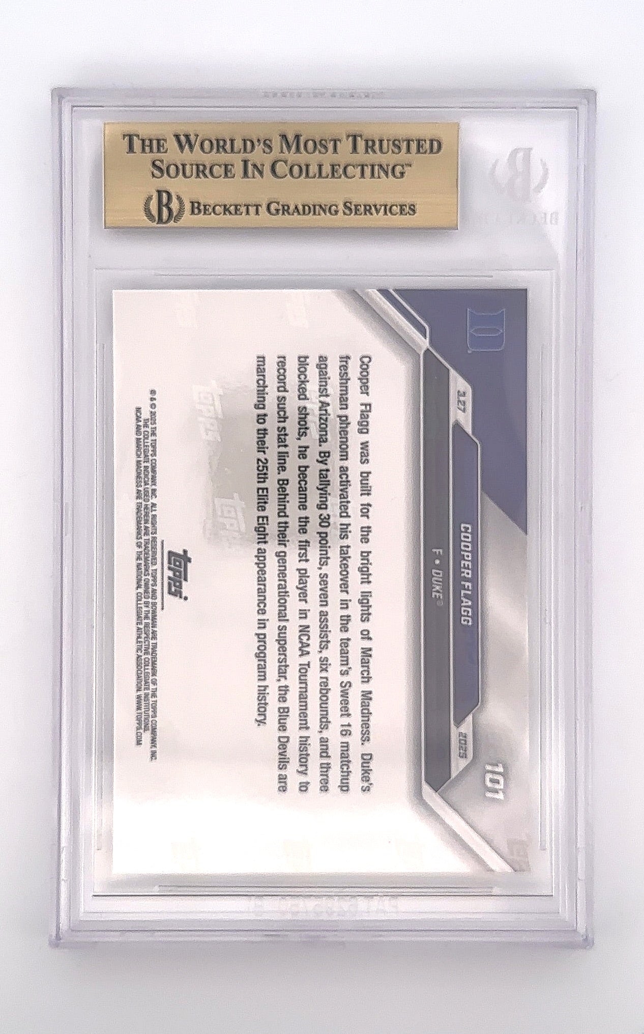 2024-25 Cooper Flagg Bowman University Now #101 Beckett 10 Pristine BGS PRISTINE 10 — back
