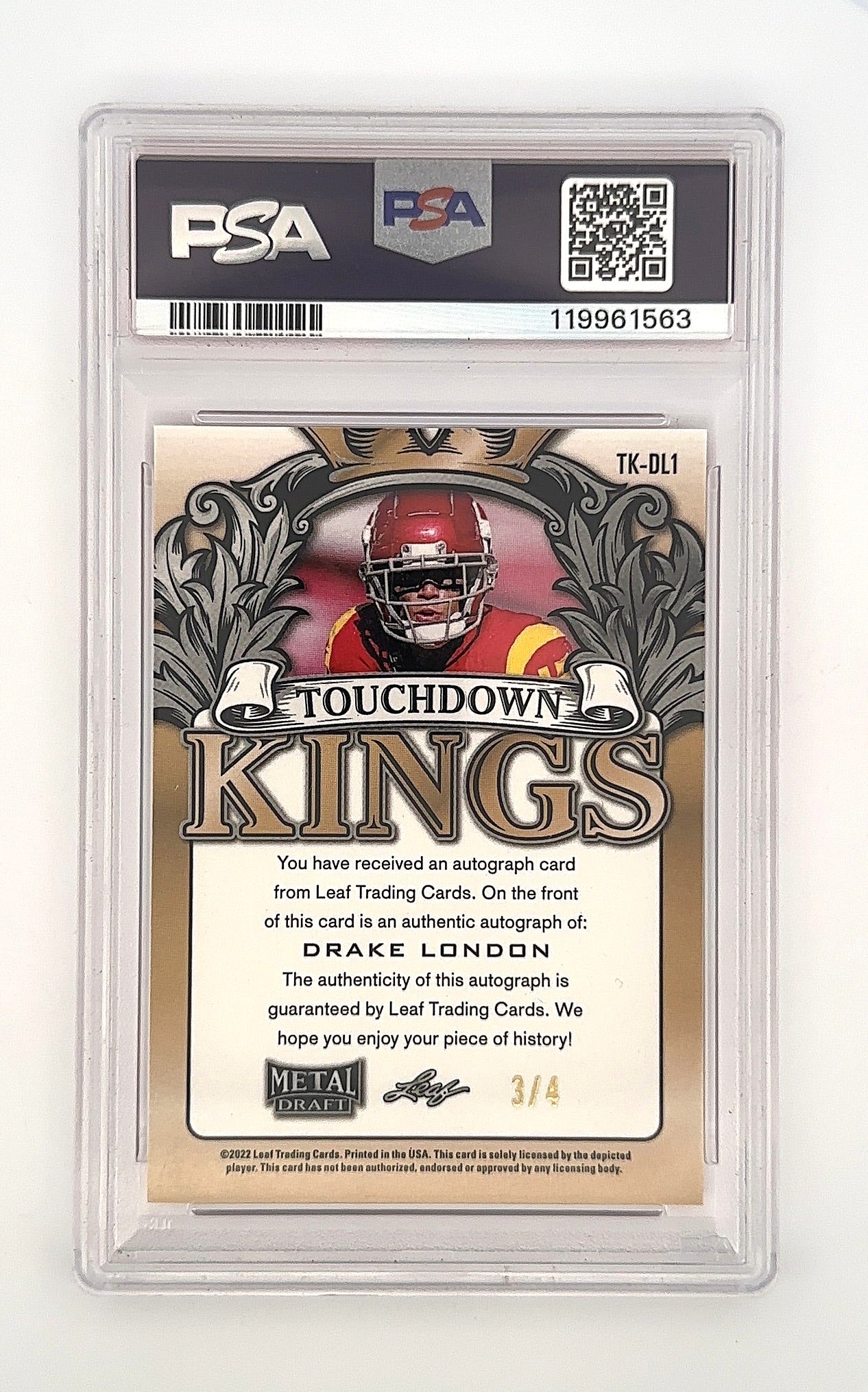 Drake London Leaf Metal Touchdown Kings Auto /4 PSA GEM MT 10 — back