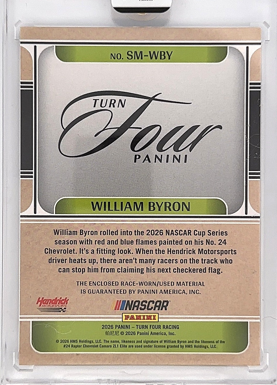 2026 William Byron Panini Turn Four Racing Patch Auto /25 #SM-WBY — back