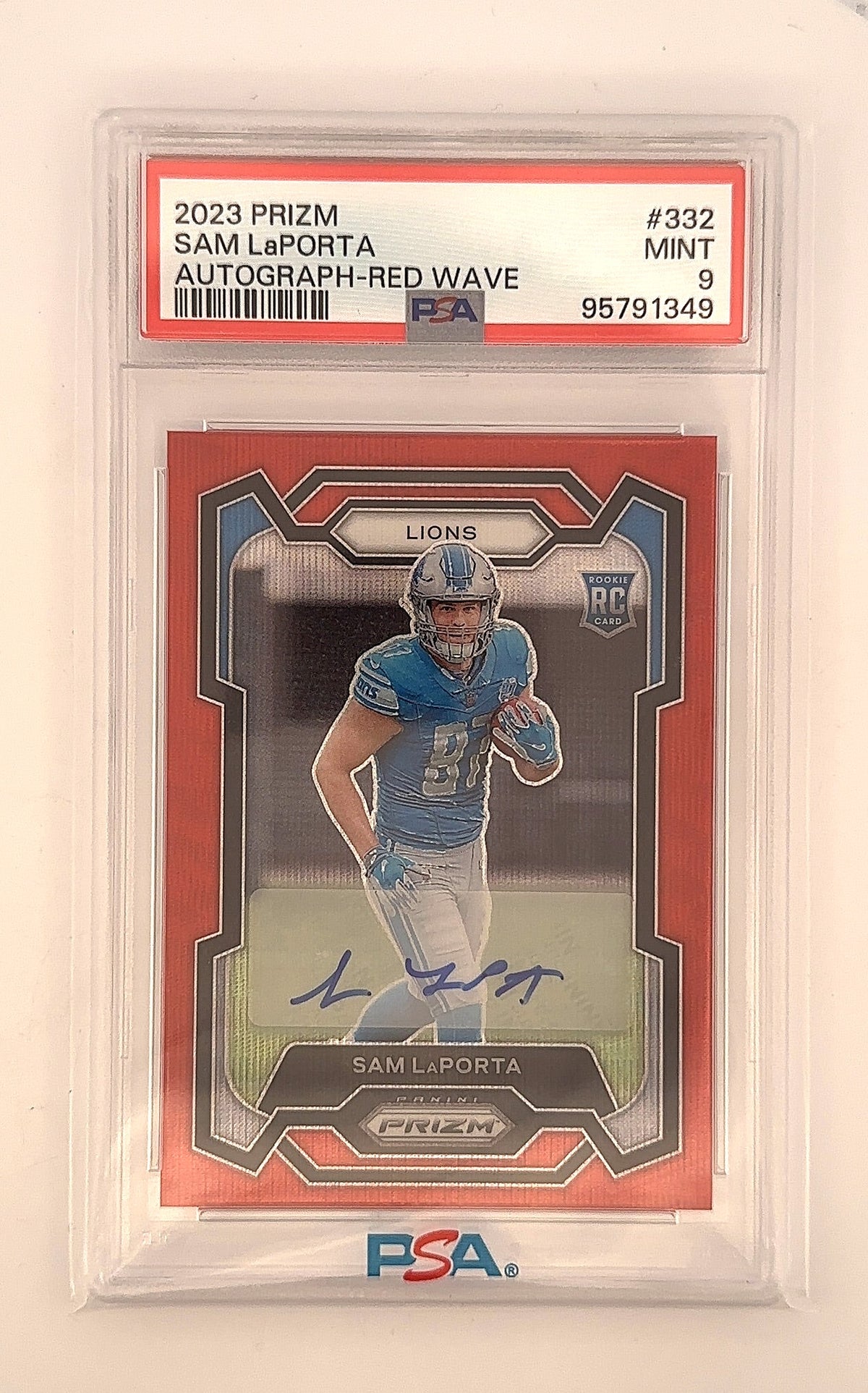 2023 Panini Prizm Sam LaPorta [Autograph Red Wave] #332 PSA 9 — front