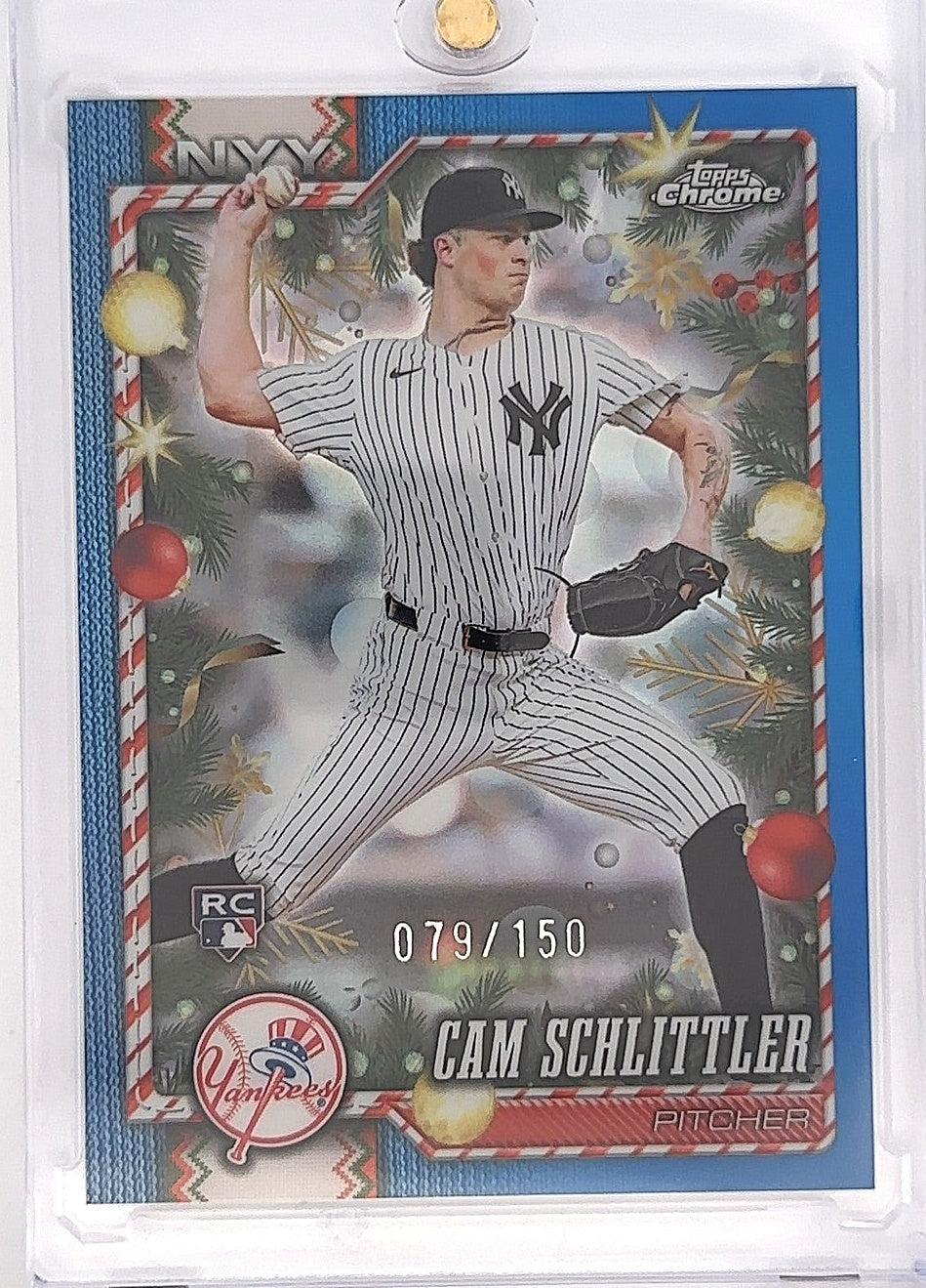 2026 Topps Holiday Cam Schlittler [Blue Refractor Chrome] #HC77 — front