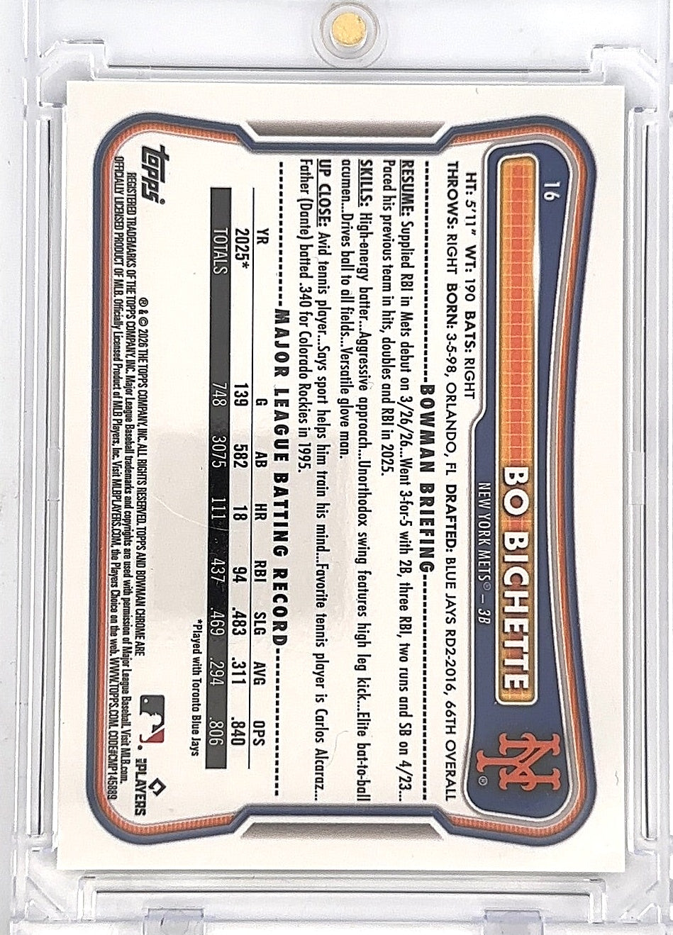 Bo Bichette Bowman Chrome #16 02/10 — back