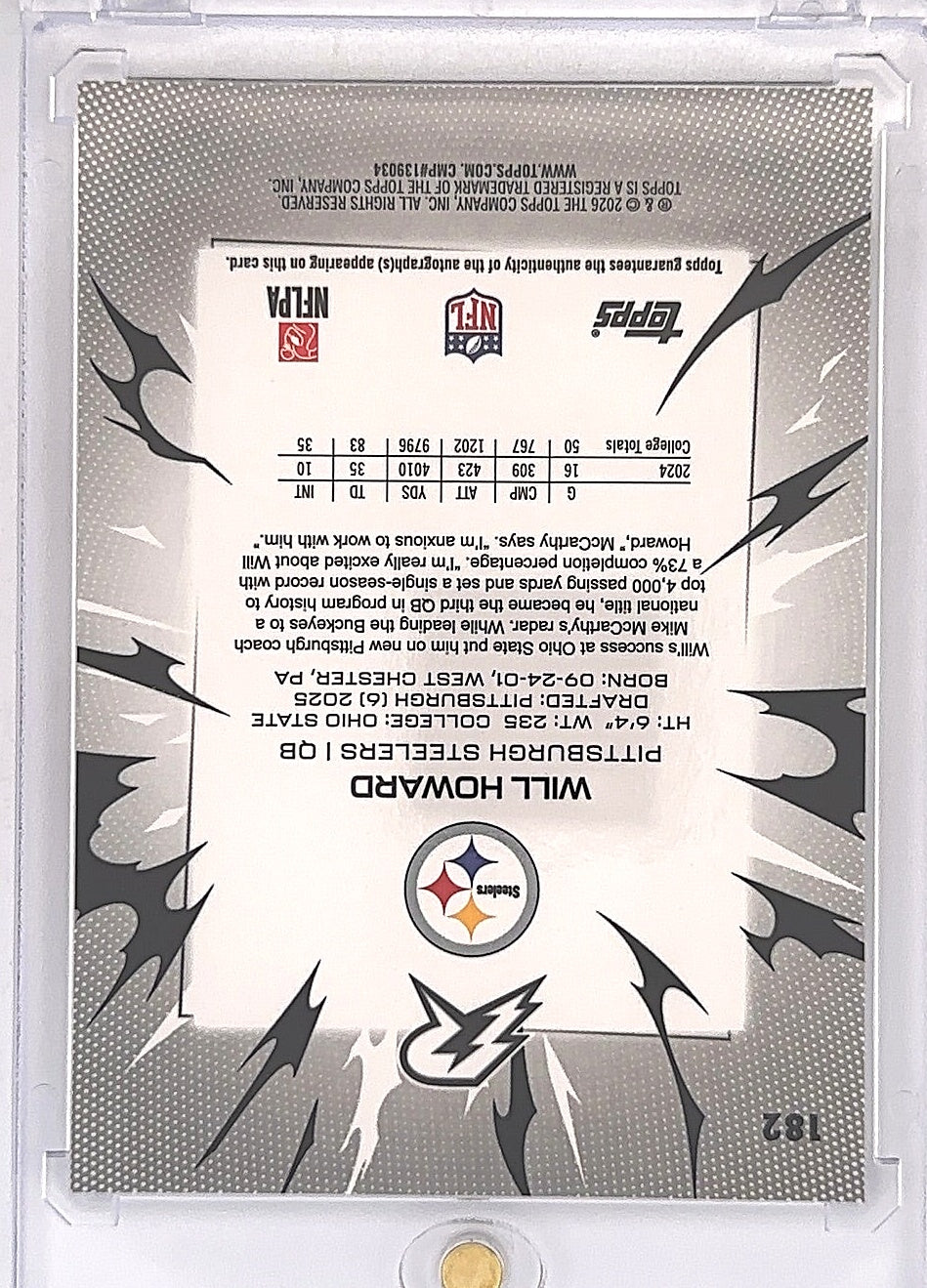 2025 Topps Resurgence Will Howard [Silver Static Signature] #182 — back