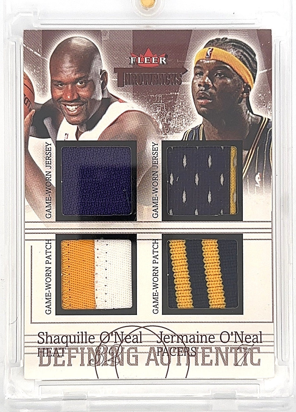 2004-05 Fleer Throwbacks Shaq O’Neal & Jermaine O’Neal 4 Patch 02/25 #DAD-SO/JO — front