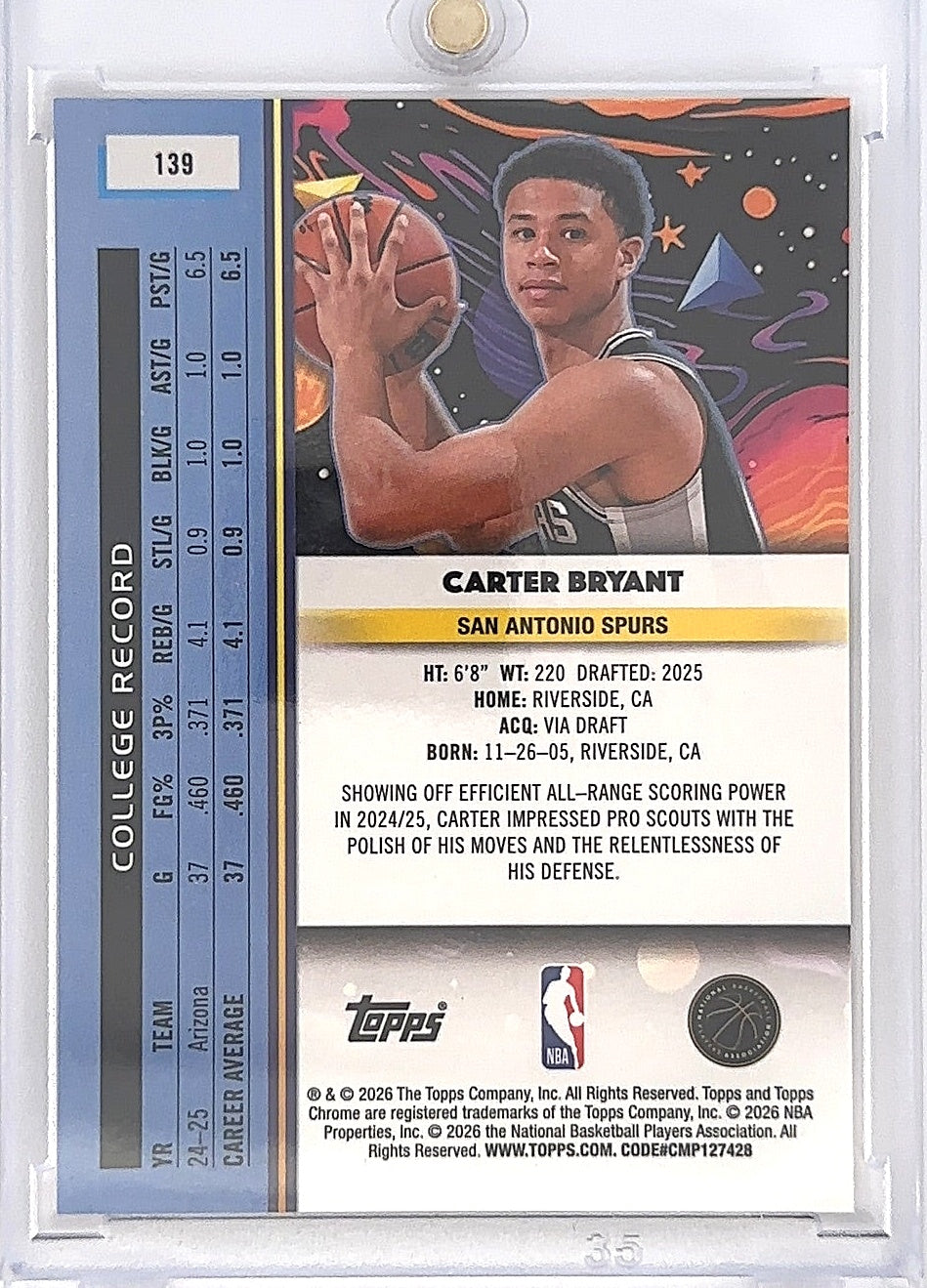 2025 Topps Cosmic Chrome Carter Bryant [Gold Interstellar Refractor] #139 — back