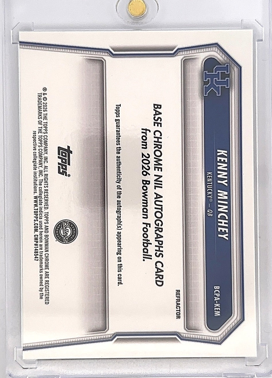 2026 Bowman Chrome Prospect Autograph Kenny Minchey [Refractor] #BCPA-KEM — back