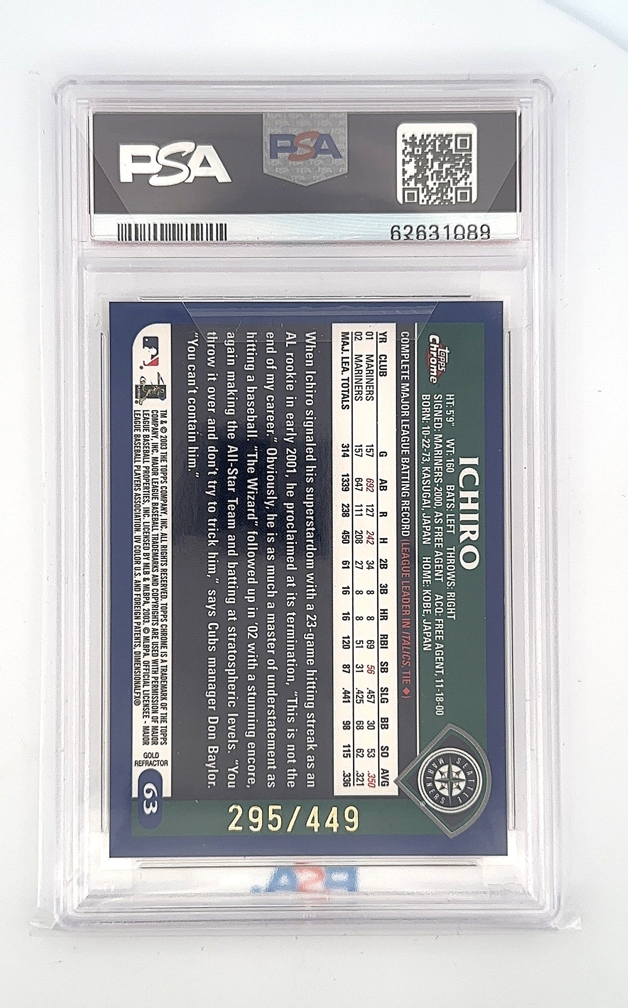 2003 Topps Chrome Ichiro [Gold Refractor] #63 PSA 8 — back