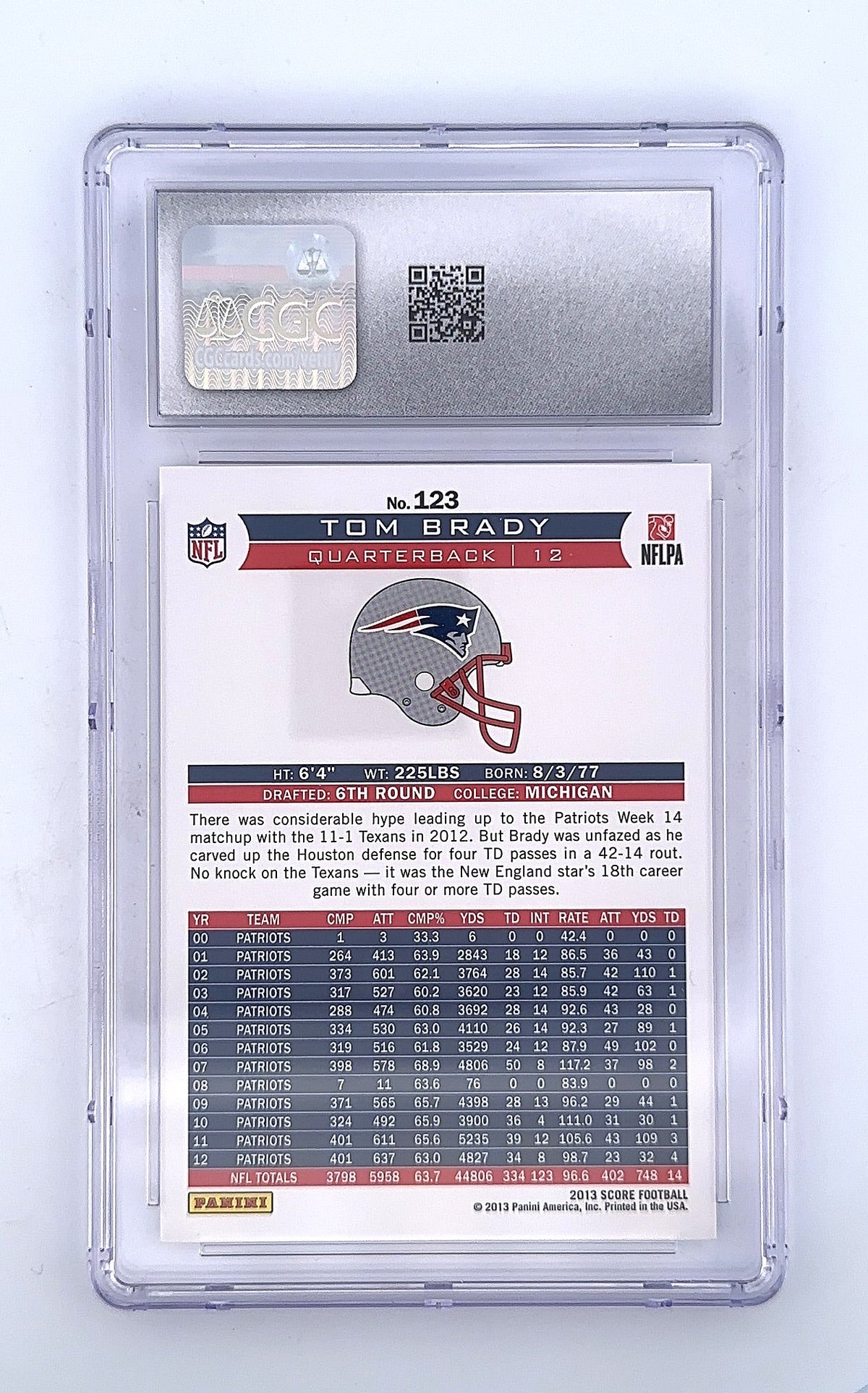 Tom Brady #123 2013 Score CGC PRISTINE 10 — back
