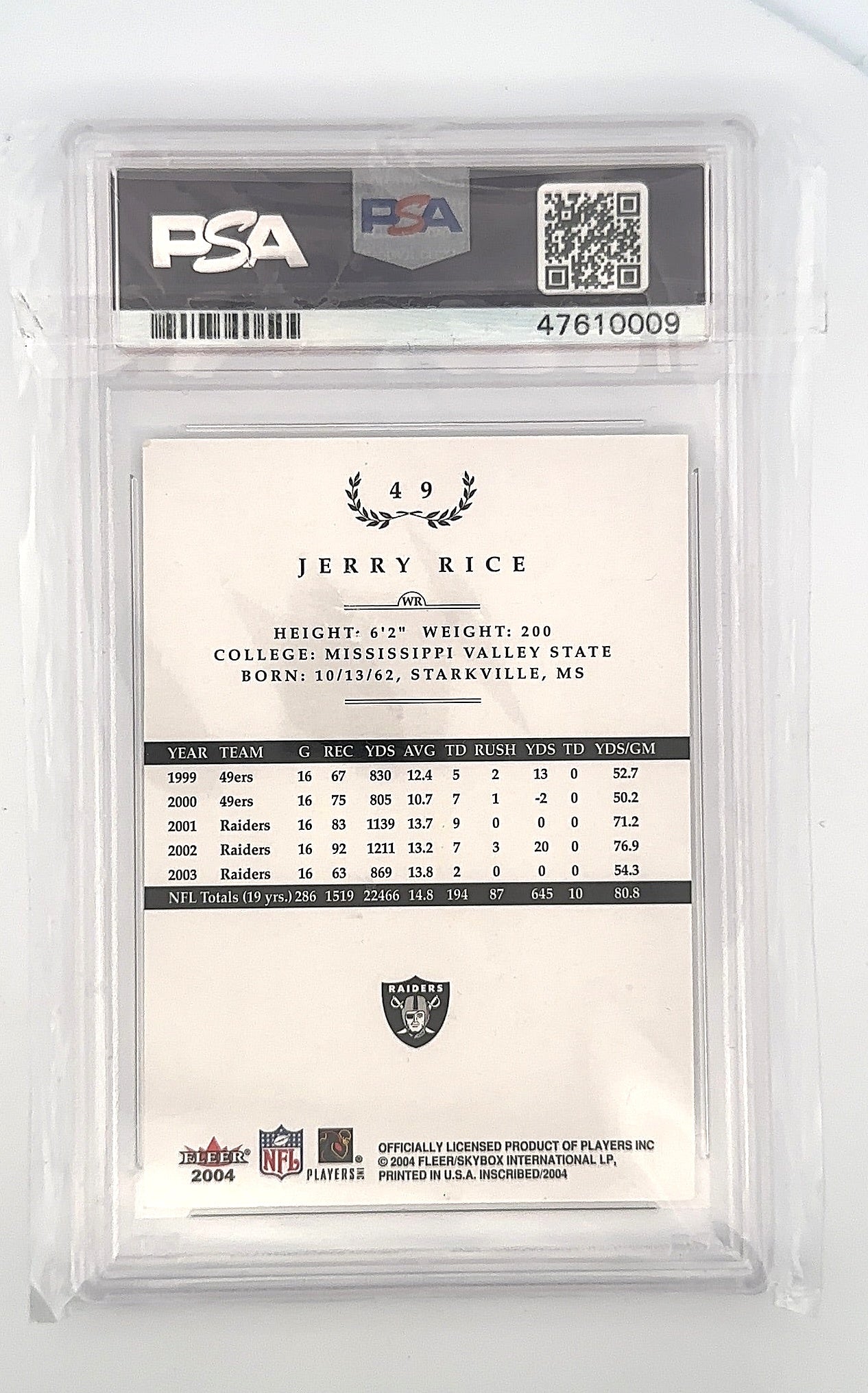2004 Fleer inscribed Jerry Rice On Card PSA 8 Auto 10 PSA NM-MT 8 — back