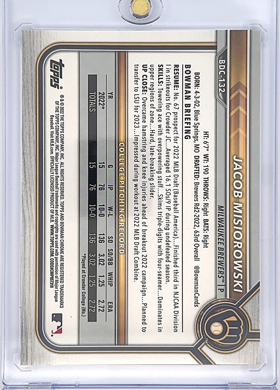 2022 Bowman Draft 1st Edition Jacob Misiorowski #BD-132 — back