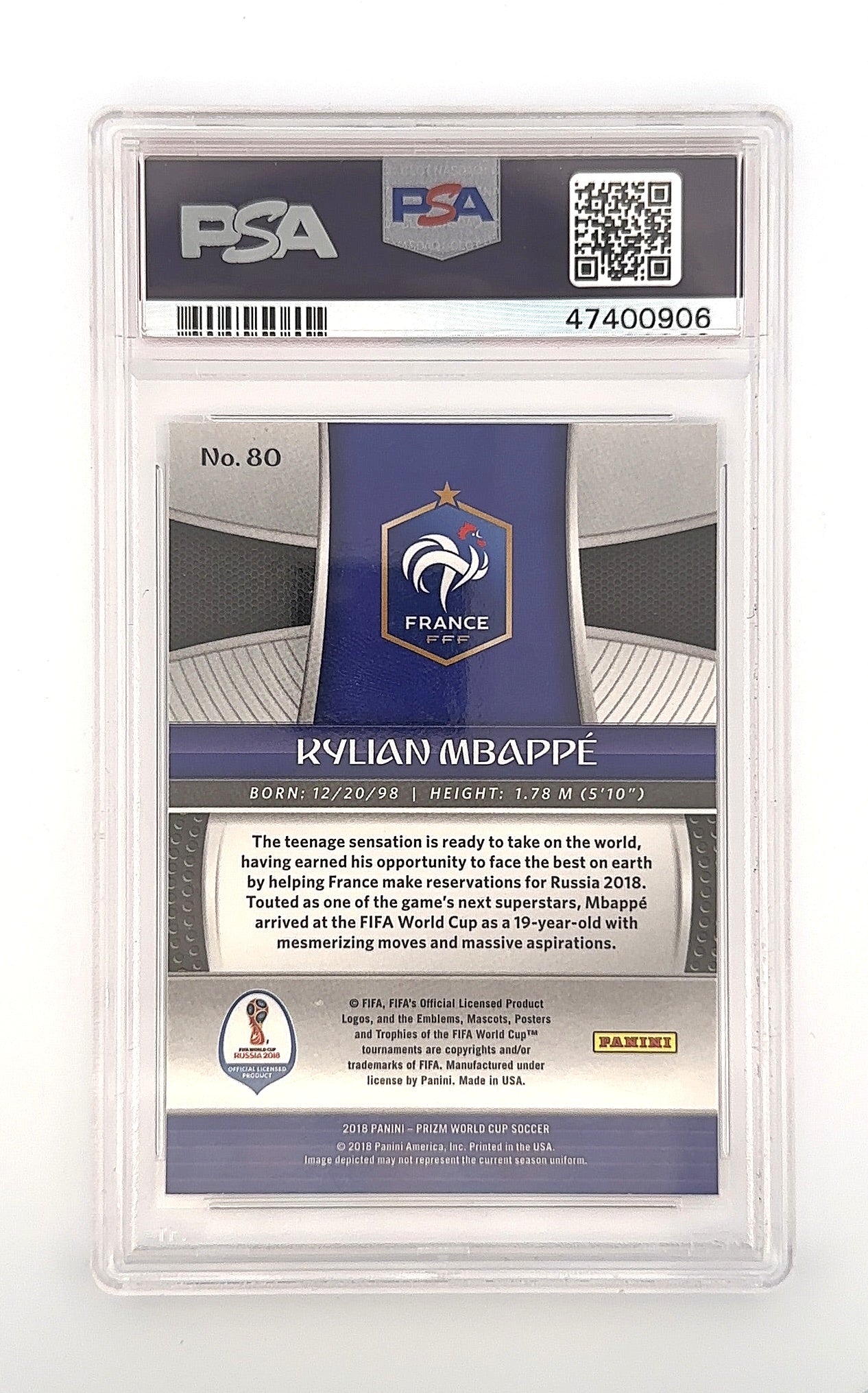Kylian Mbappe 2018 Panini Prizm W/C PSA GEM MT 10 — back