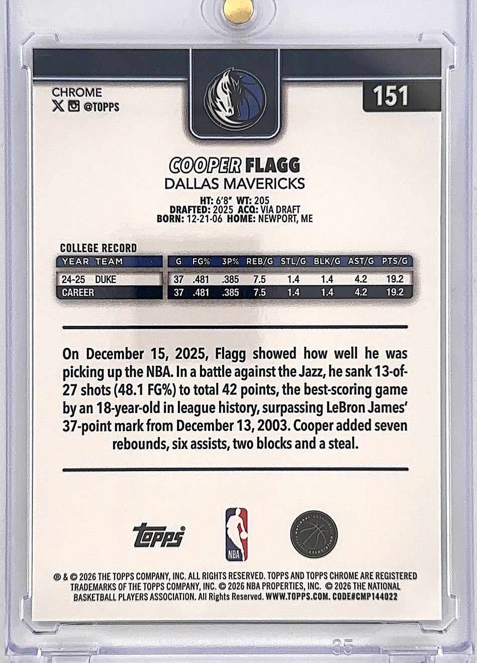 2025 Topps Chrome Update Cooper Flagg #151 — back