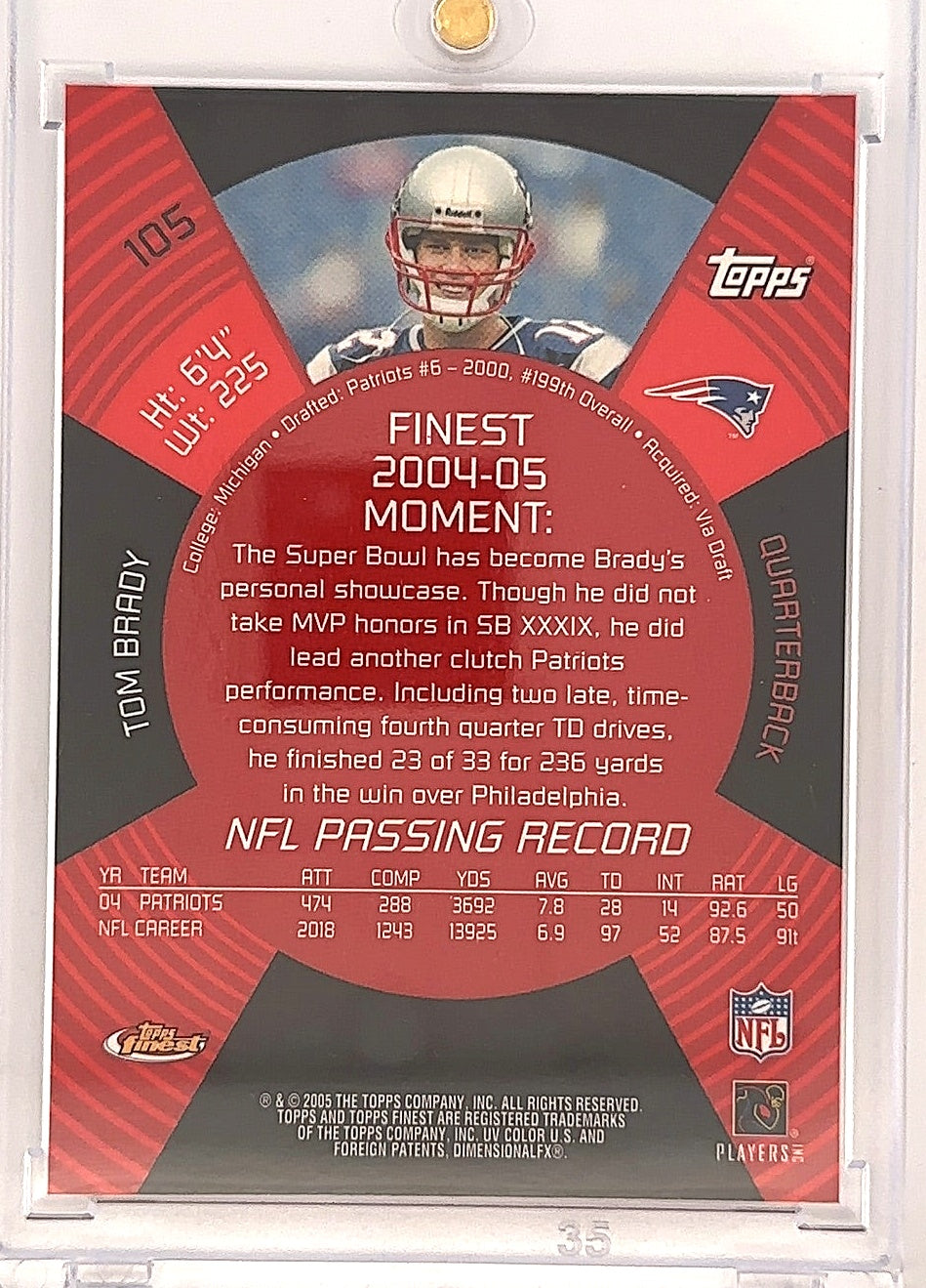 2005 Topps Finest Tom Brady #105 — back