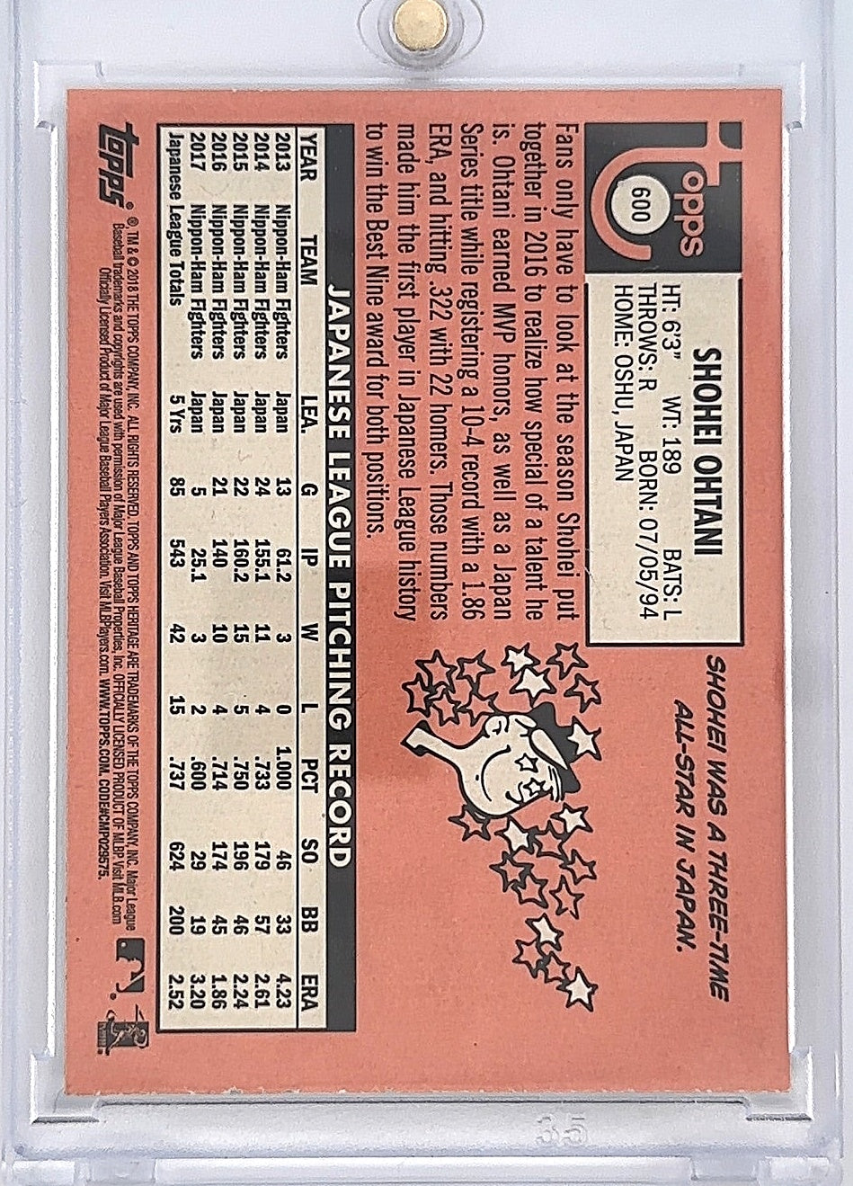 2018 Topps Heritage Shohei Ohtani #600 — back