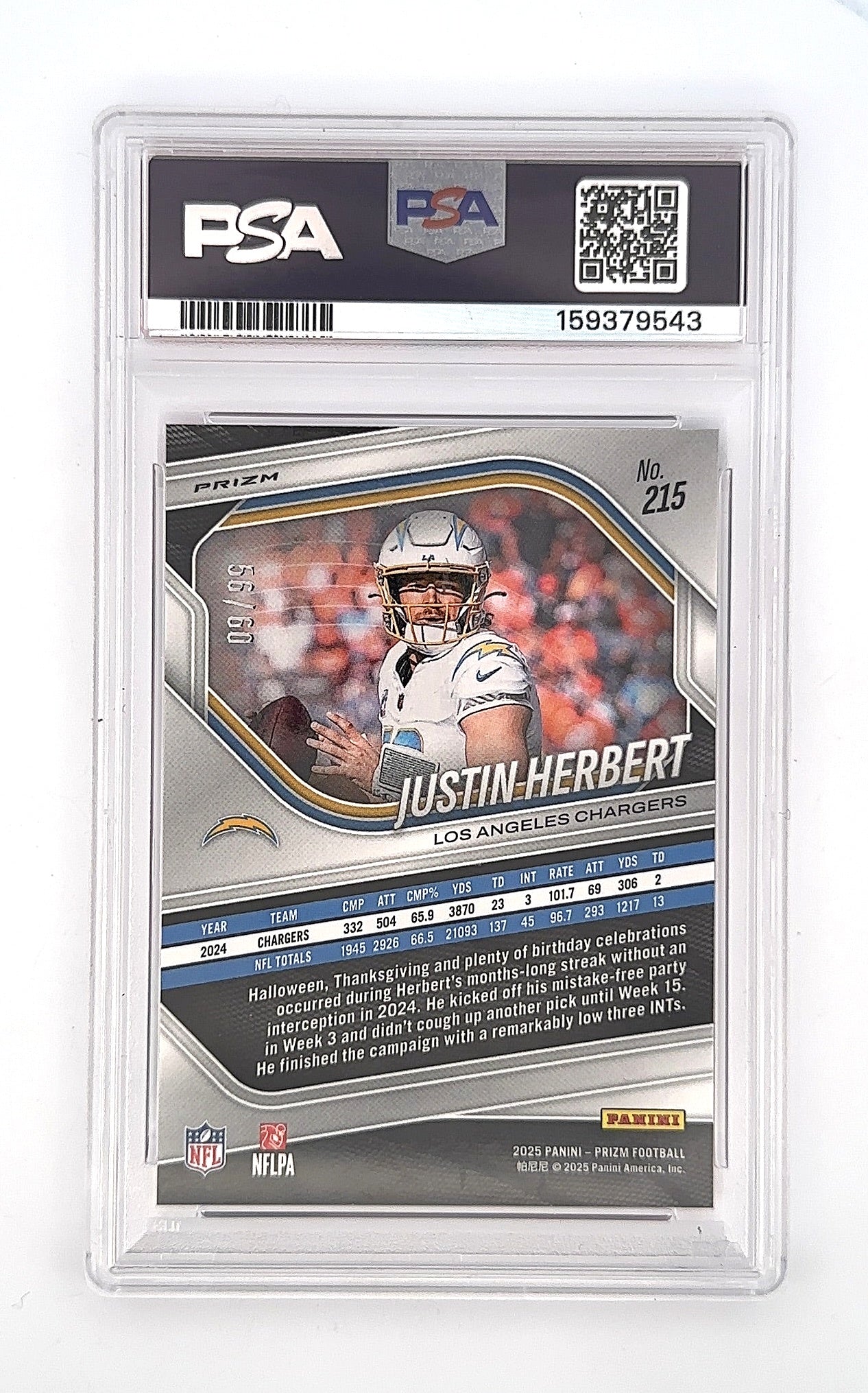 2025 Panini Prizm Justin Herbert [Super Bowl LX] #215 PSA 9 — back
