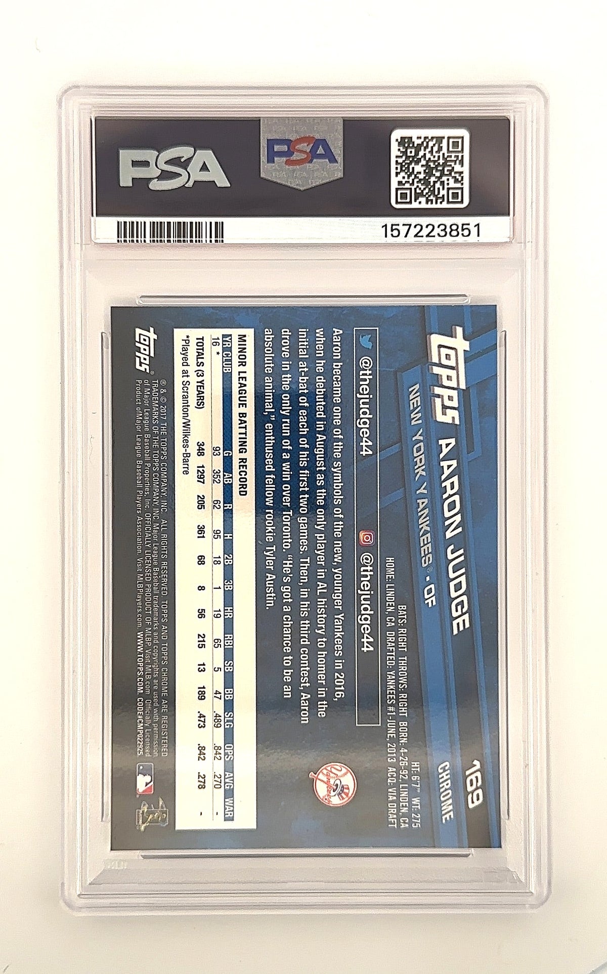 2017 Topps Chrome Aaron Judge [Prism] #169 PSA 10 — back