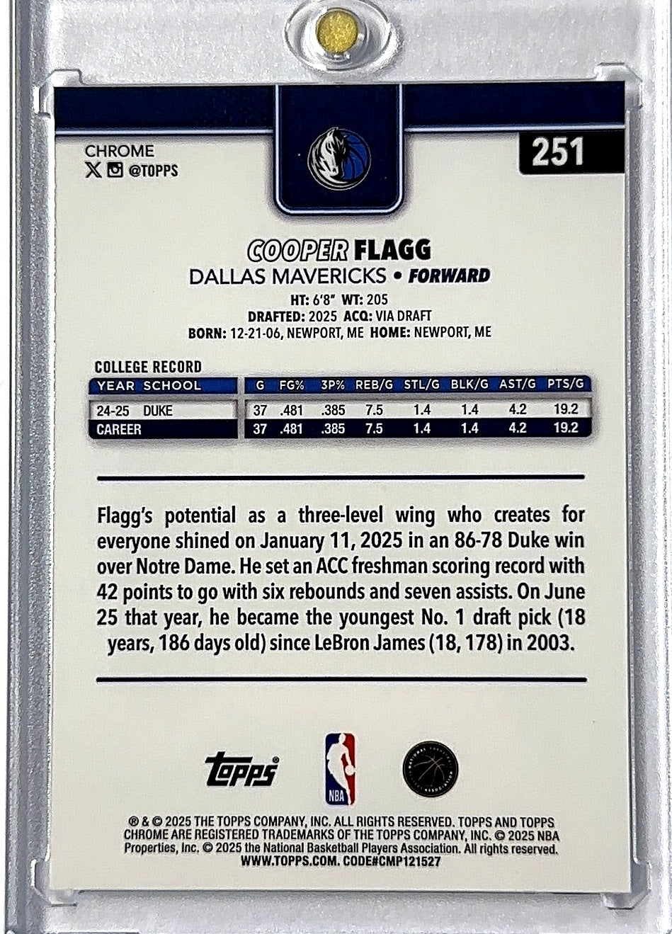 2025 Topps Chrome Cooper Flagg #251 RC — back