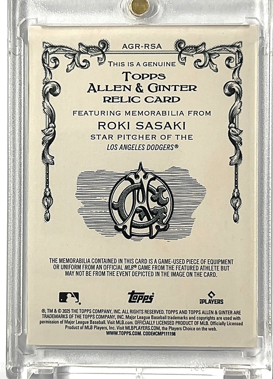 2025 Topps Allen and Ginter Relic Roki Sasaki #AGR-RSA RC — back
