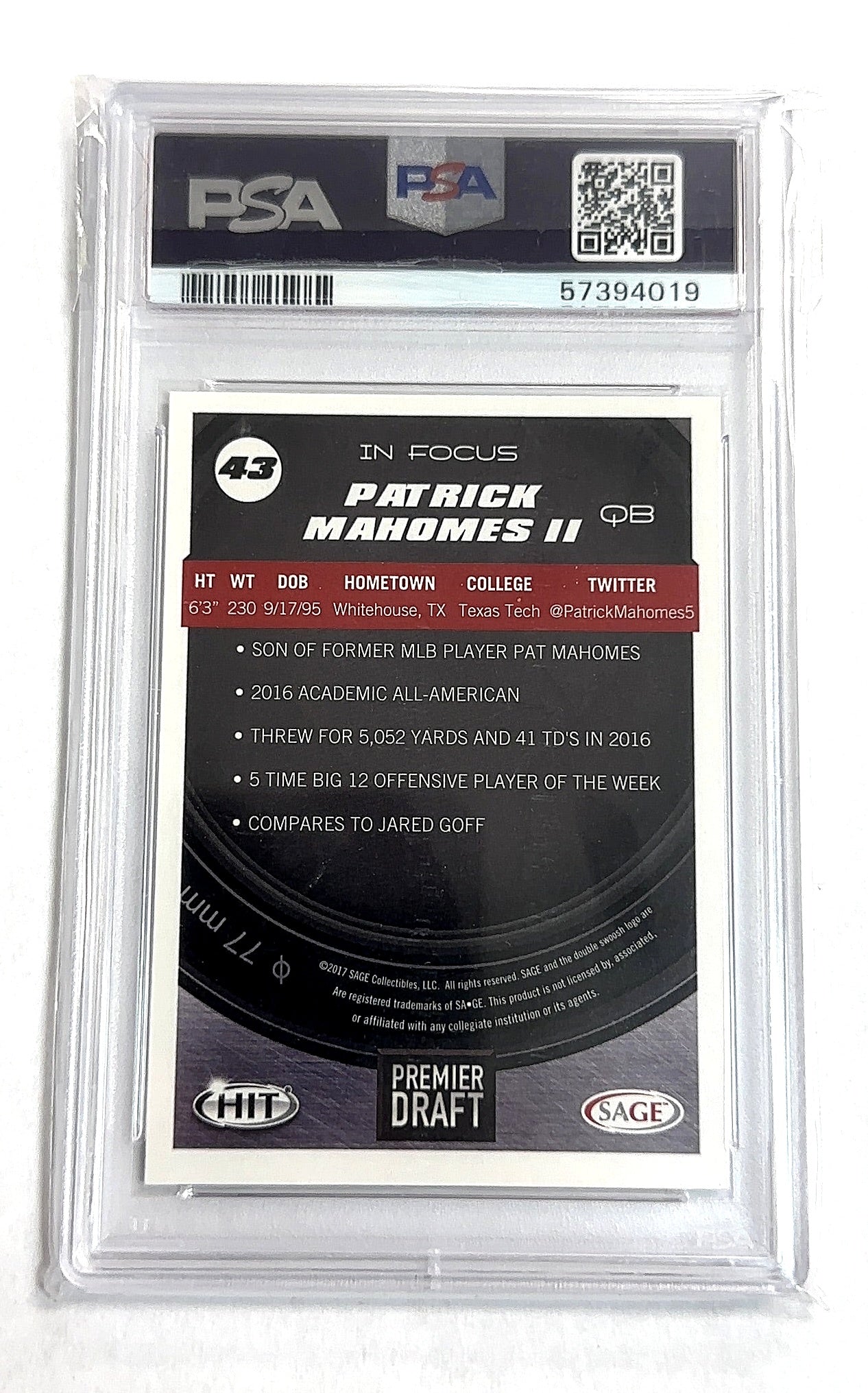 2017 Sage Hit Premier Draft Patrick Mahomes II #43 RC PSA 9 — back