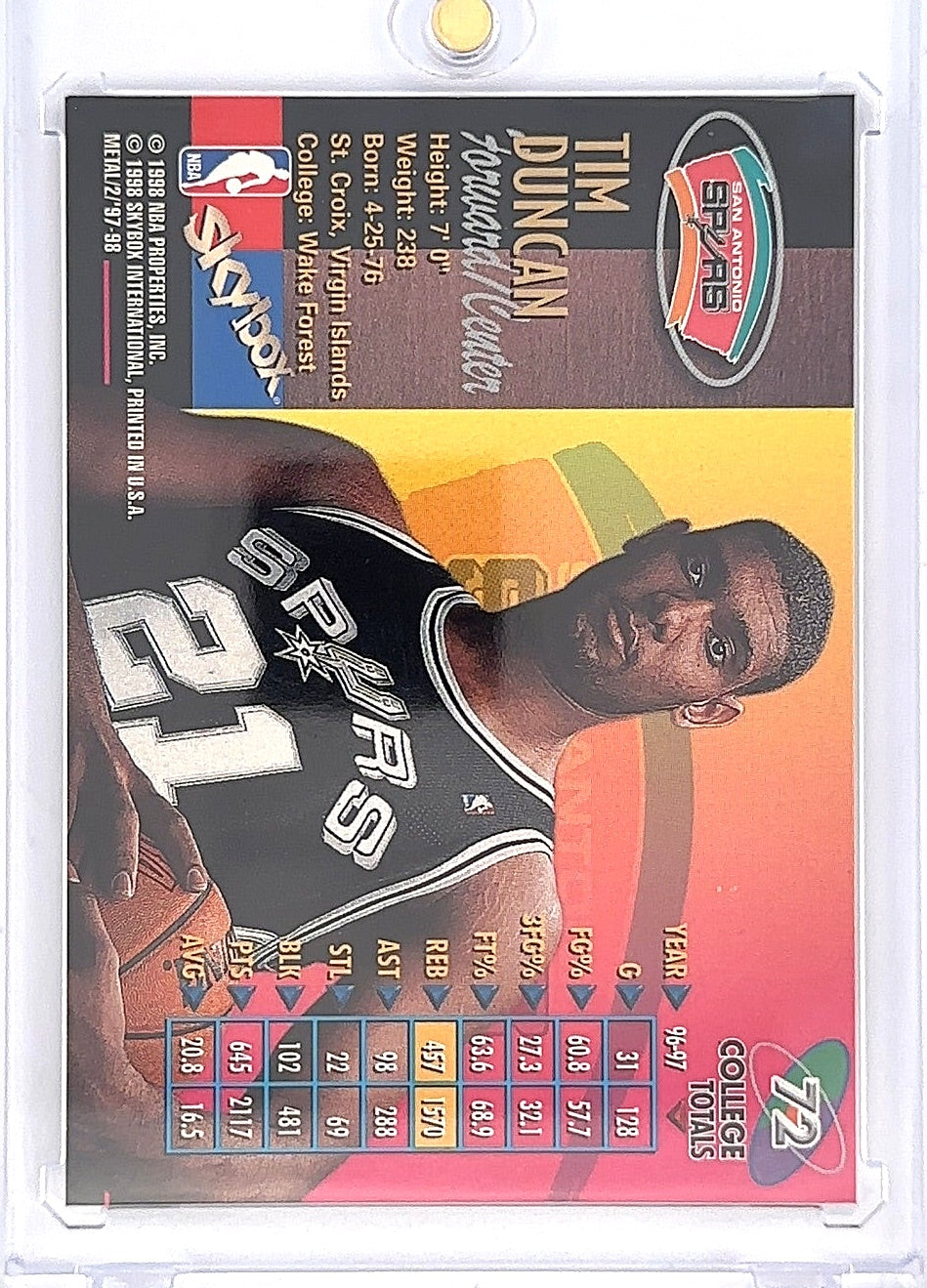 1997 Metal Universe Championship Tim Duncan #72 — back