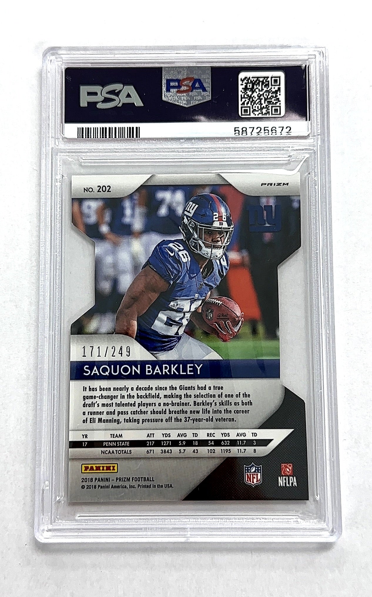 2018 Panini Prizm Saquon Barkley [Orange Prizm] #202 RC PSA 9 — back