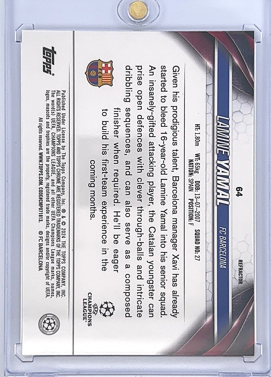 Lamine Yamal Topps Chrome Refractor #64 — back