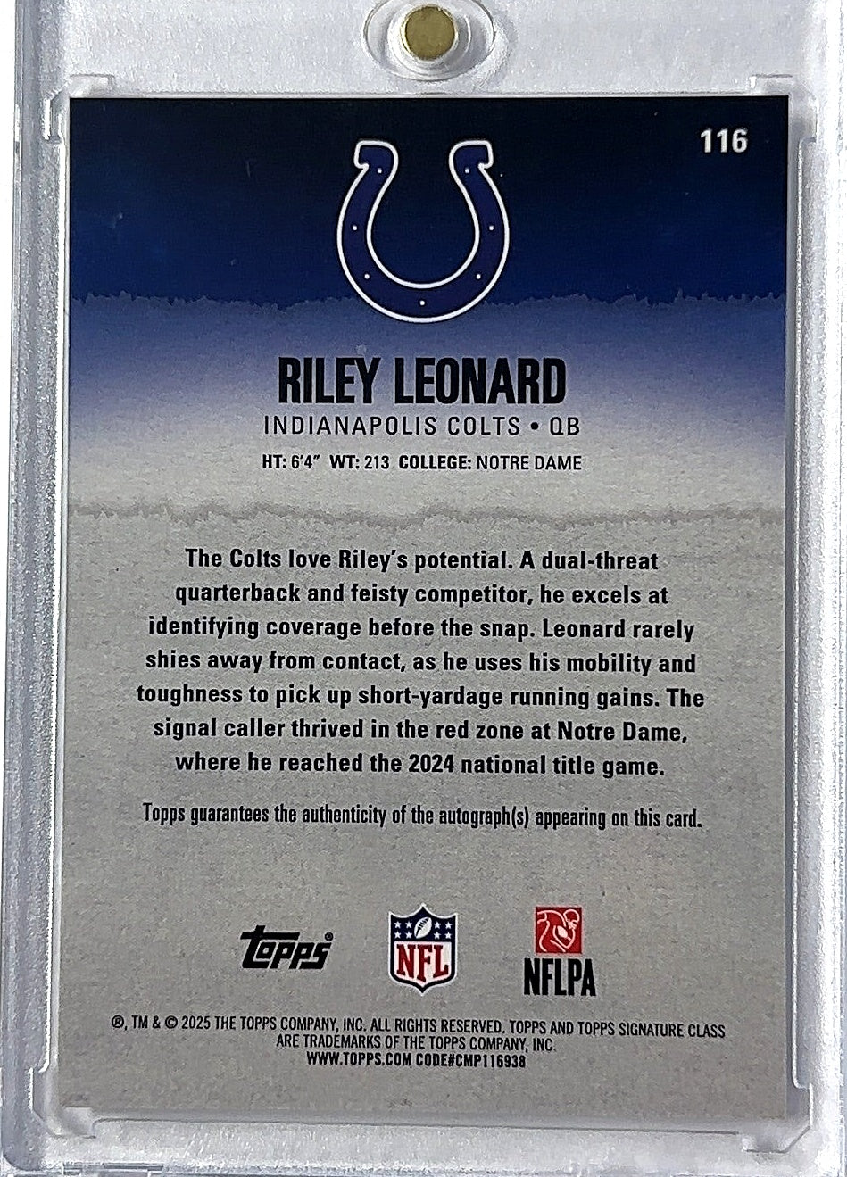 Riley Leonard Signature Class Auto /10 — back