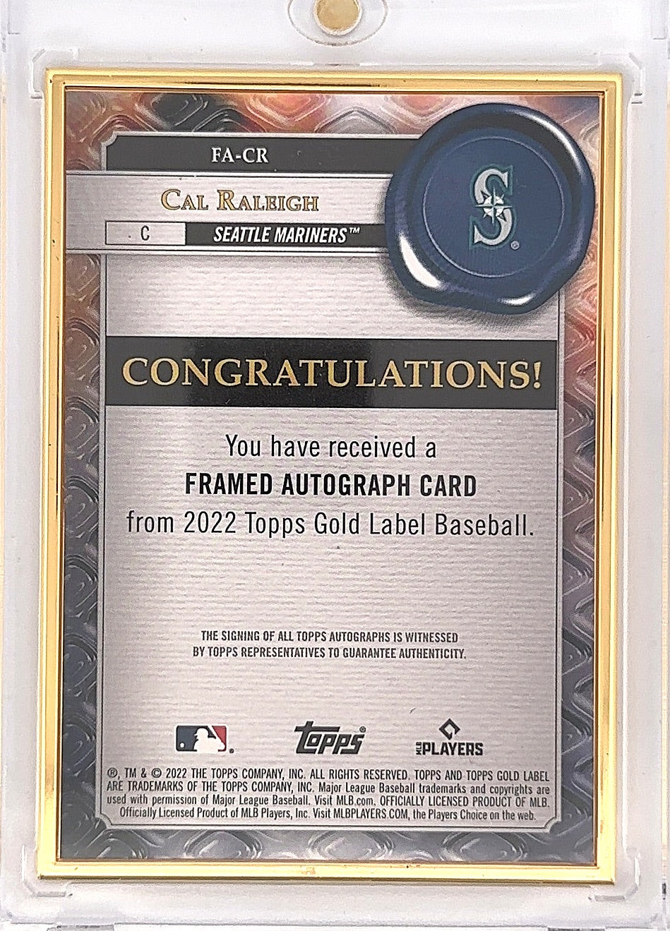 2022 Topps Gold Label Framed Autographs Cal Raleigh [Black] #FA-CR — back